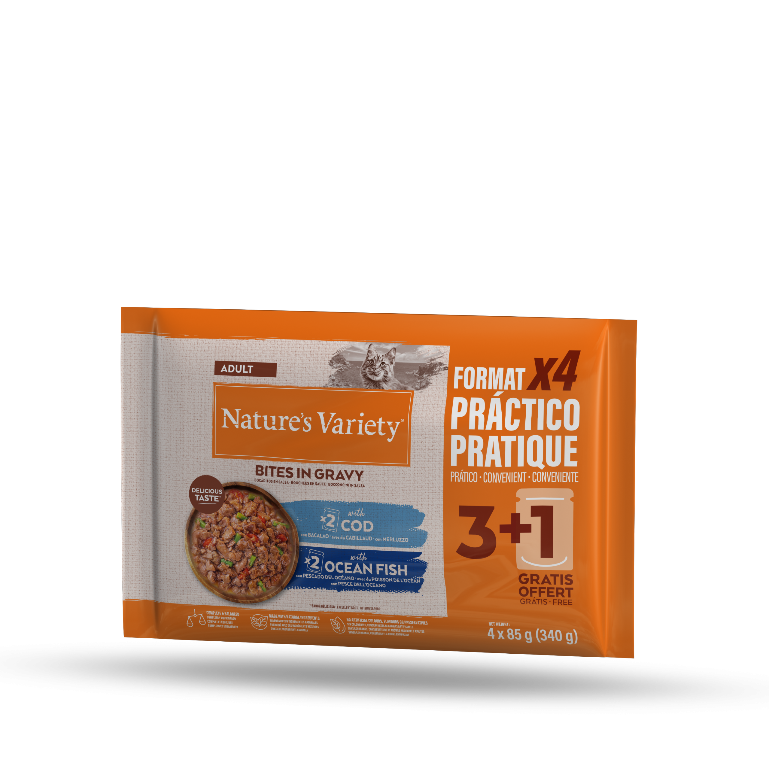 Nature's Variety Multipack Bocaditos en Salsa para Gatos de Bacalao (2 Ud) y Pescado del Oceano (2 Ud) - 4x85 g