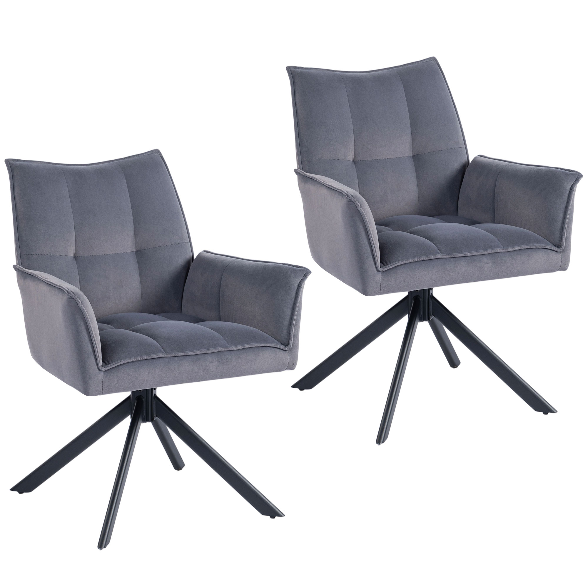 HOMCOM Juego de 2 Sillas de Comedor Giratorias 360°, Sillas de Cocina con Reposabrazos, Respaldo Acolchado, Tapizado en Terciopelo, Patas de Acero, para Oficina, Conferencia, Sala de Estar, Gris