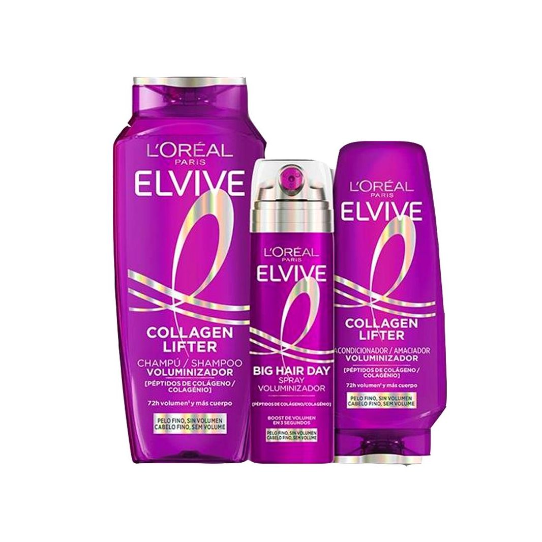 LOréal Paris | Rutina Collagen Lifter Voluminizador Shampoo 700ml+ Acondicionador 300ml+Refreshing Volume spray 200ml, fórmula transparente y ligera, péptidos de colágeno para aportar volumen