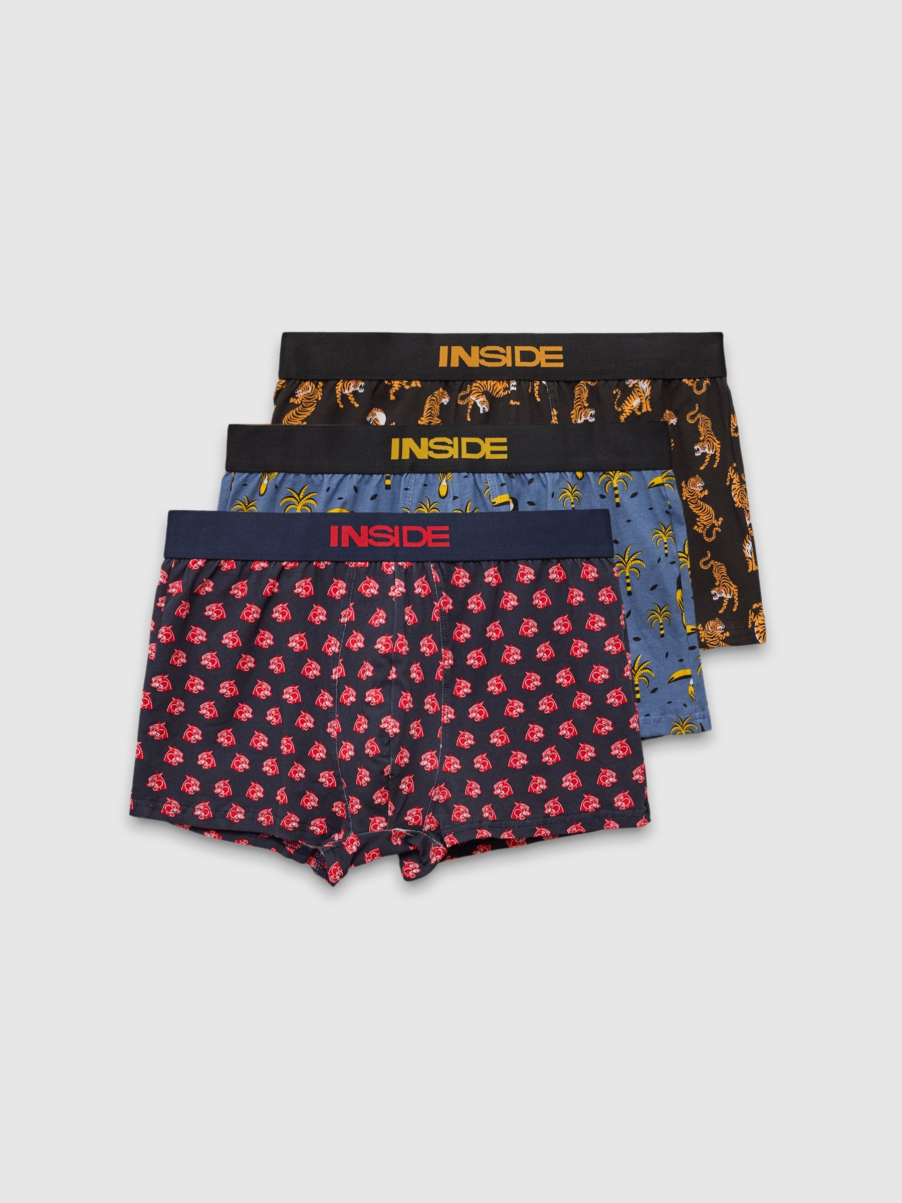 Pack de 3 bóxers Animales con estampados de tigres, panteras y tucanes en colores vibrantes INSIDE