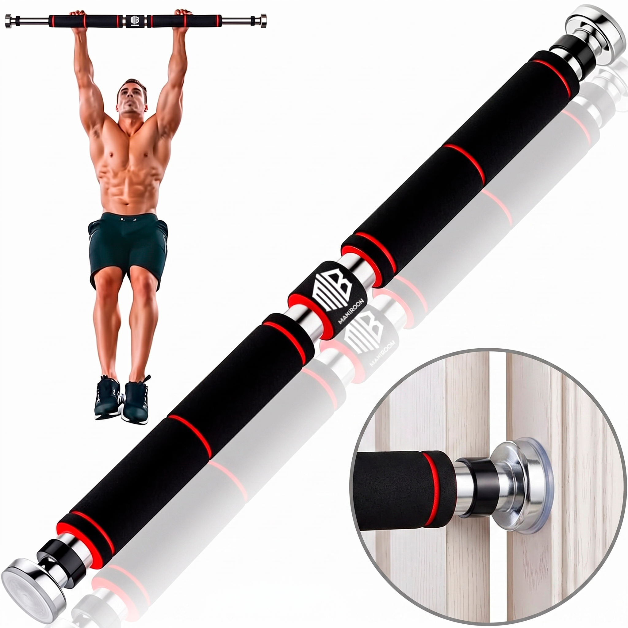 Barra de Tracción Ajustable 63-93 cm para Puerta – Montaje sin Tornillos, Antideslizante, Sujeción Segura con Asas de Espuma