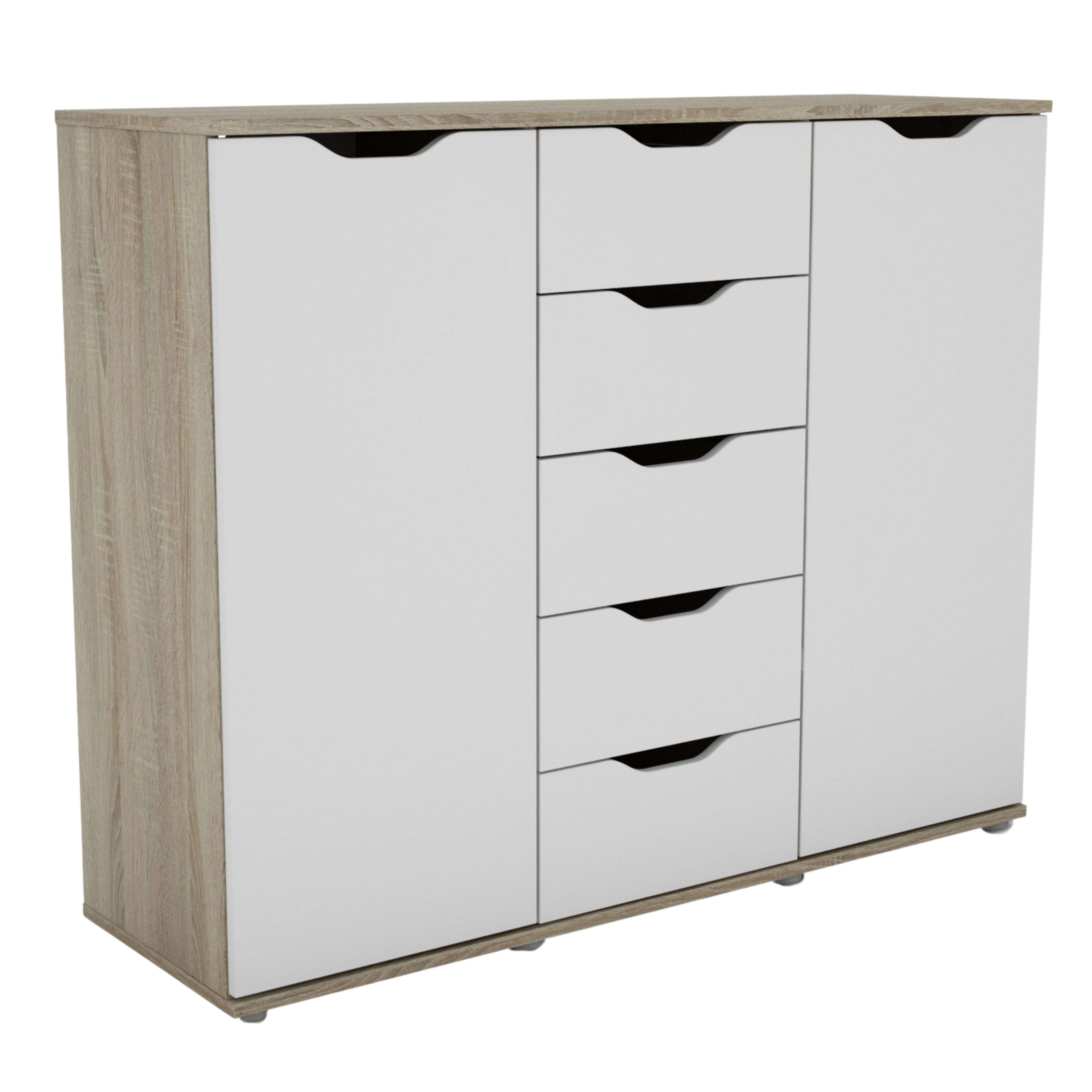 Miroytengo Aparador de 2 Puertas, Buffet para Salón, 5 Cajones Parc Roble Sonoma y Blanco Mate 120x97x38 cm