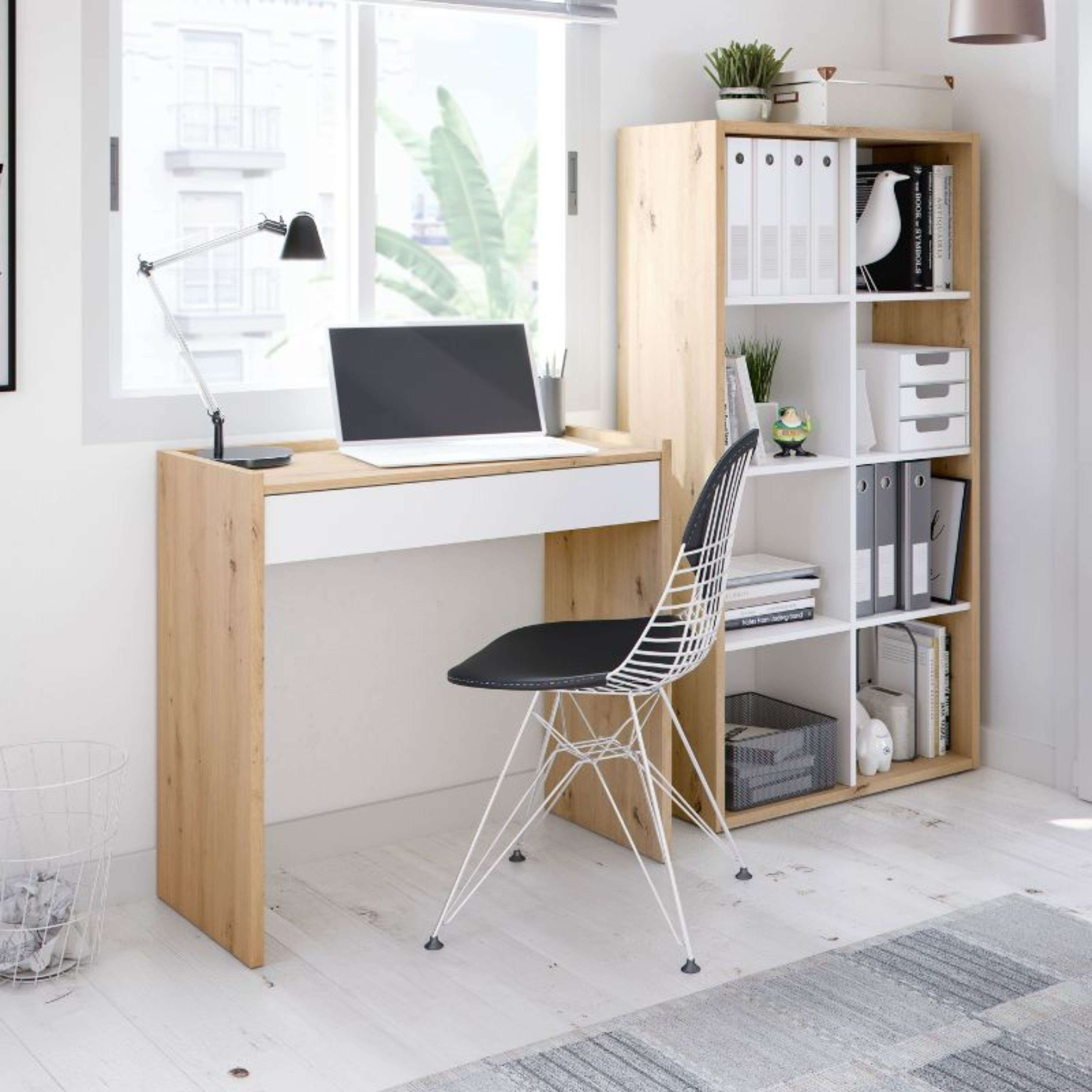Miroytengo Pack Escritorio con Estantería Juvenil Estilo Moderno Blanco Artik y Roble Nodi Estudio Oficina