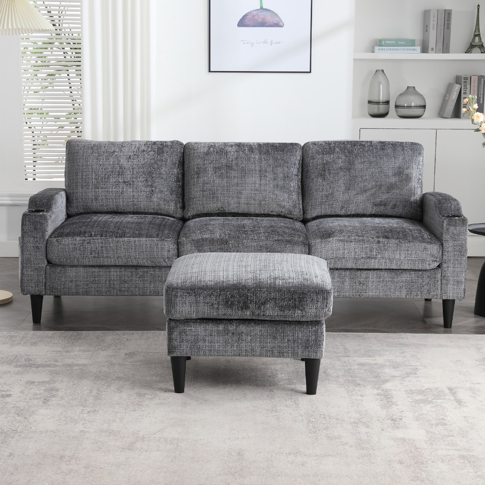 Canapé modulable 4 places gris en chenille avec pouf-coffre, porte-gobelets et poches latérales