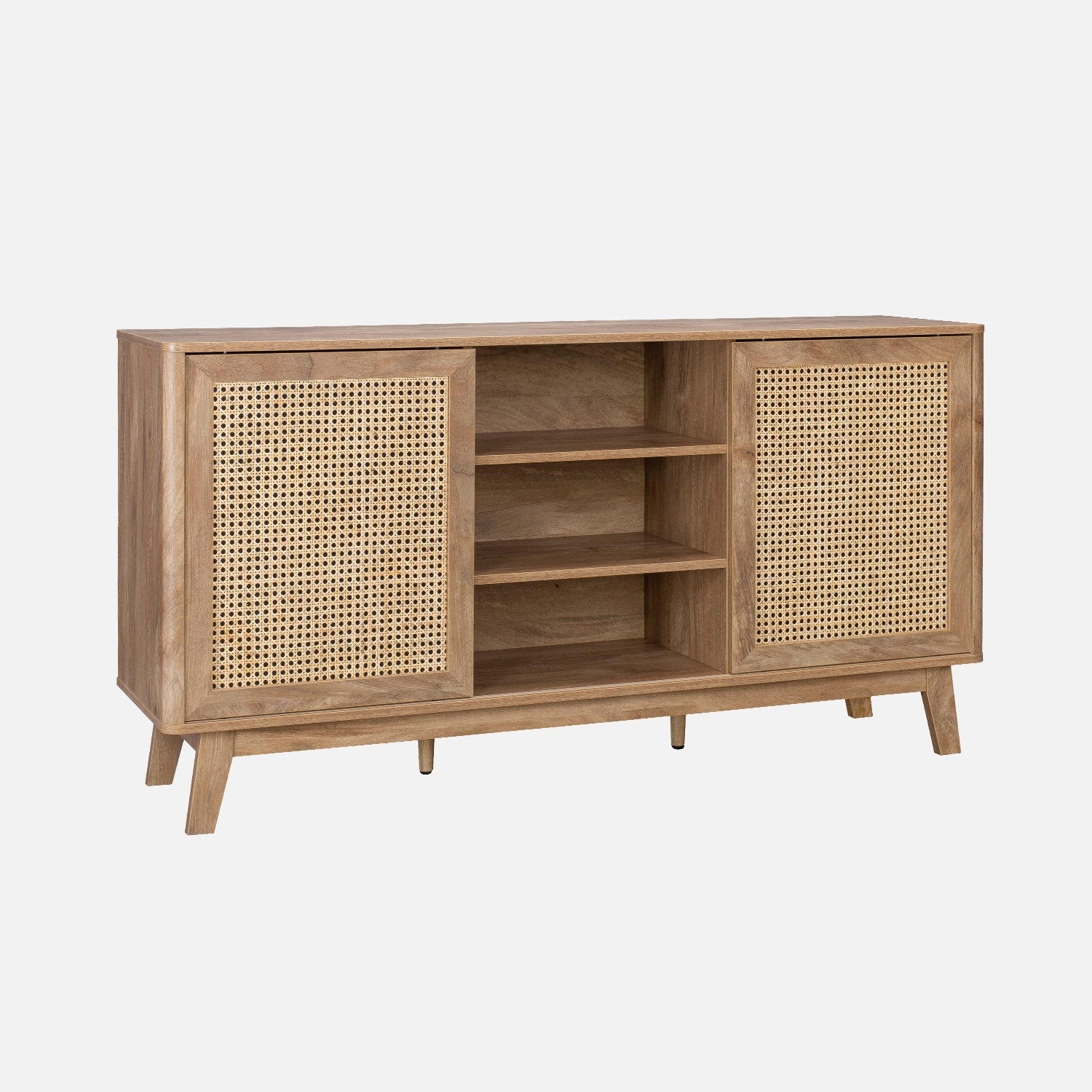 sweeek - Aparador con 2 puertas correderas y estantes efecto madera y caña, 150cm , Mani , 150x39x79
