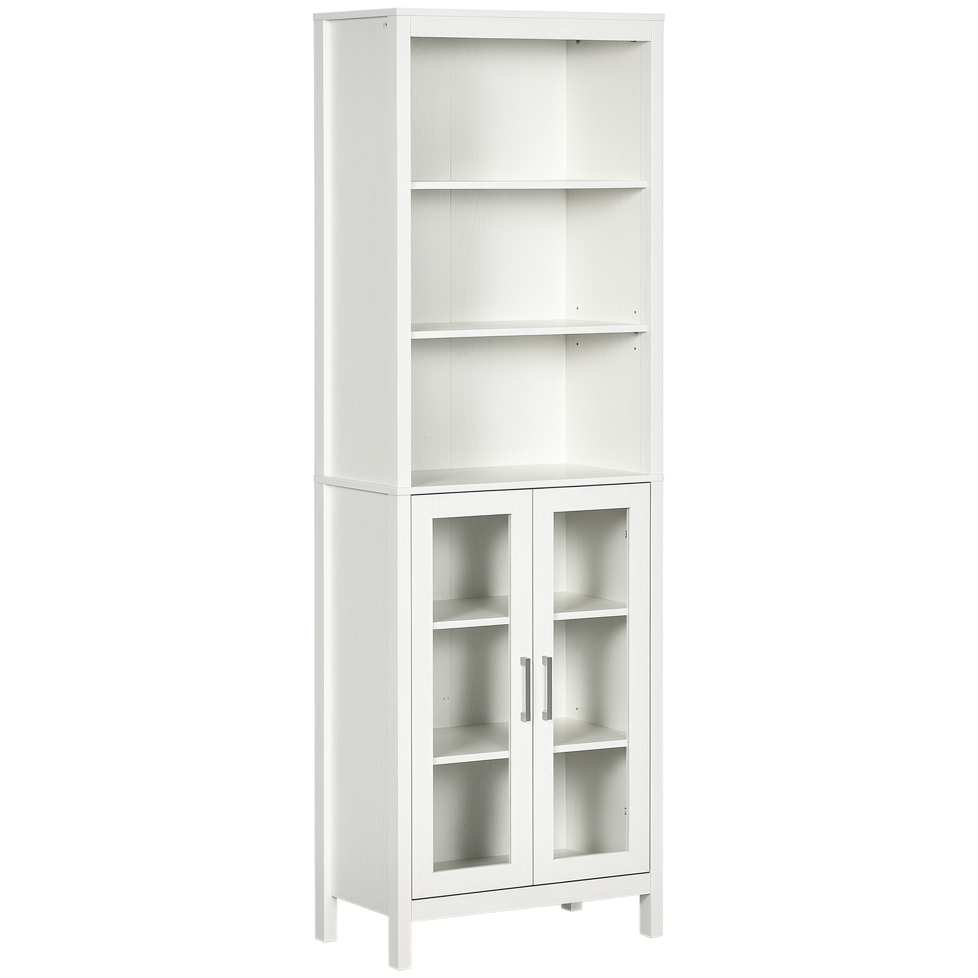 kleankin Armario Alto de Baño con 2 Puertas de Vidrio y 3 Estantes Abiertos Columna Auxiliar de Baño para Salón Aseo Dormitorio Estilo Moderno 53x30x162 cm Blanco
