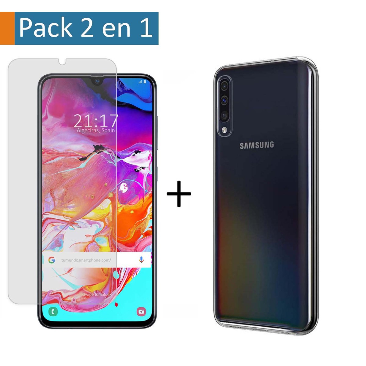 Tumundosmartphone Pack 2 En 1 Funda Gel Transparente + Protector Cristal Templado para Samsung Galaxy A70