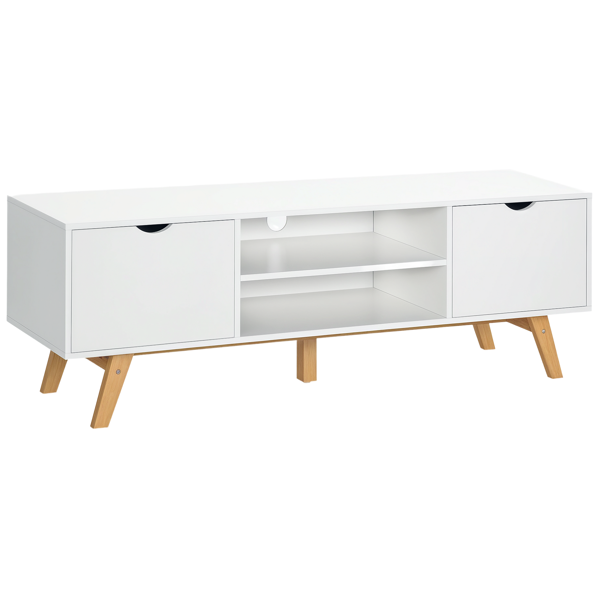 HOMCOM Mueble de TV Moderno Mueble para Televisores de 65 Pulgadas Mesa de TV para Salón con 2 Puertas 2 Estantes Abiertos y Patas de Madera 150x39x50 cm Blanco