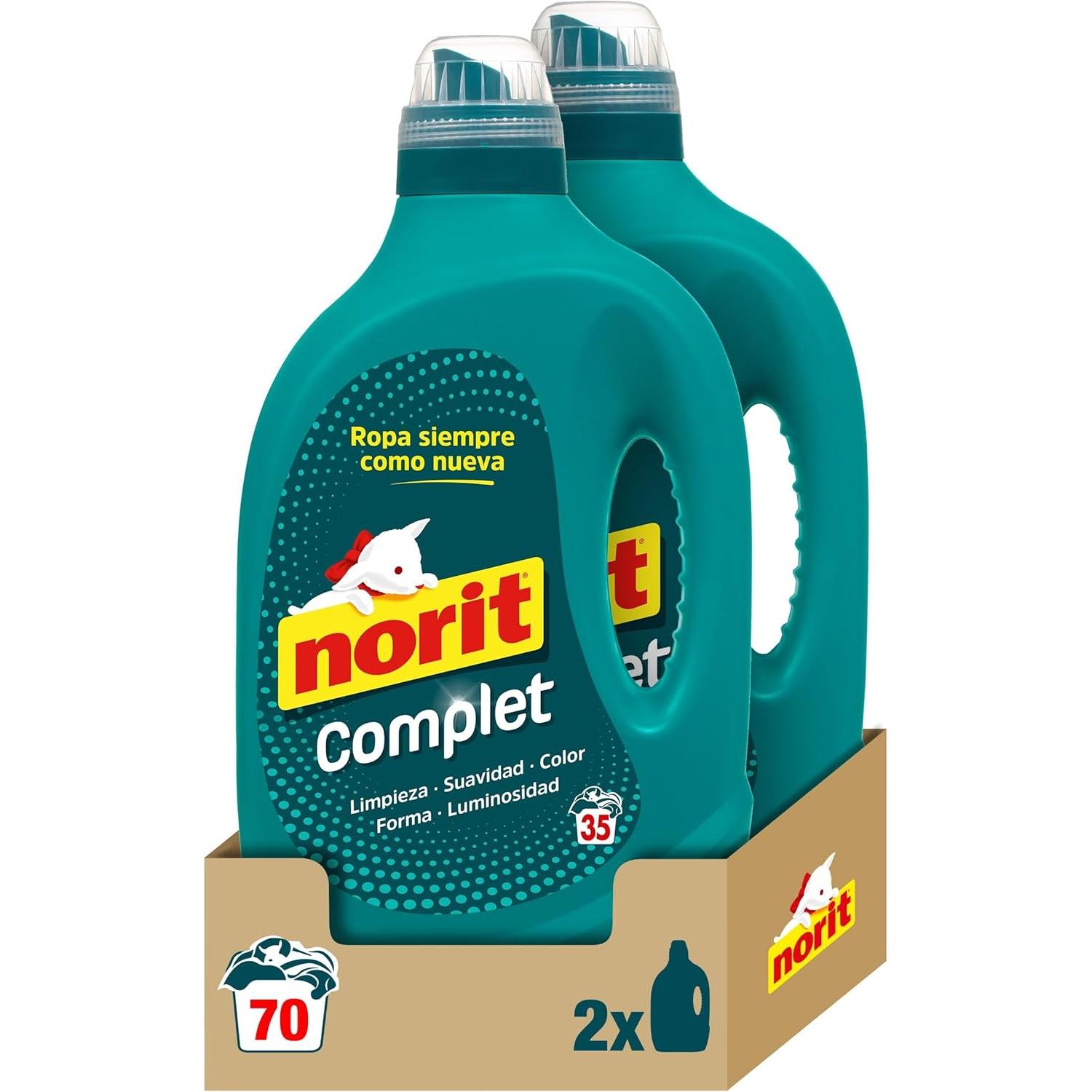 Norit Complet - Detergente Líquido - Pack de 2 x 1,75 L - 72 Lavados - Detergente Norit para Toda la Ropa, Máxima Limpieza y Luminosidad, Cuida y Suaviza el Tejido, Mantiene Aspecto, Forma y Color Tras Lavado