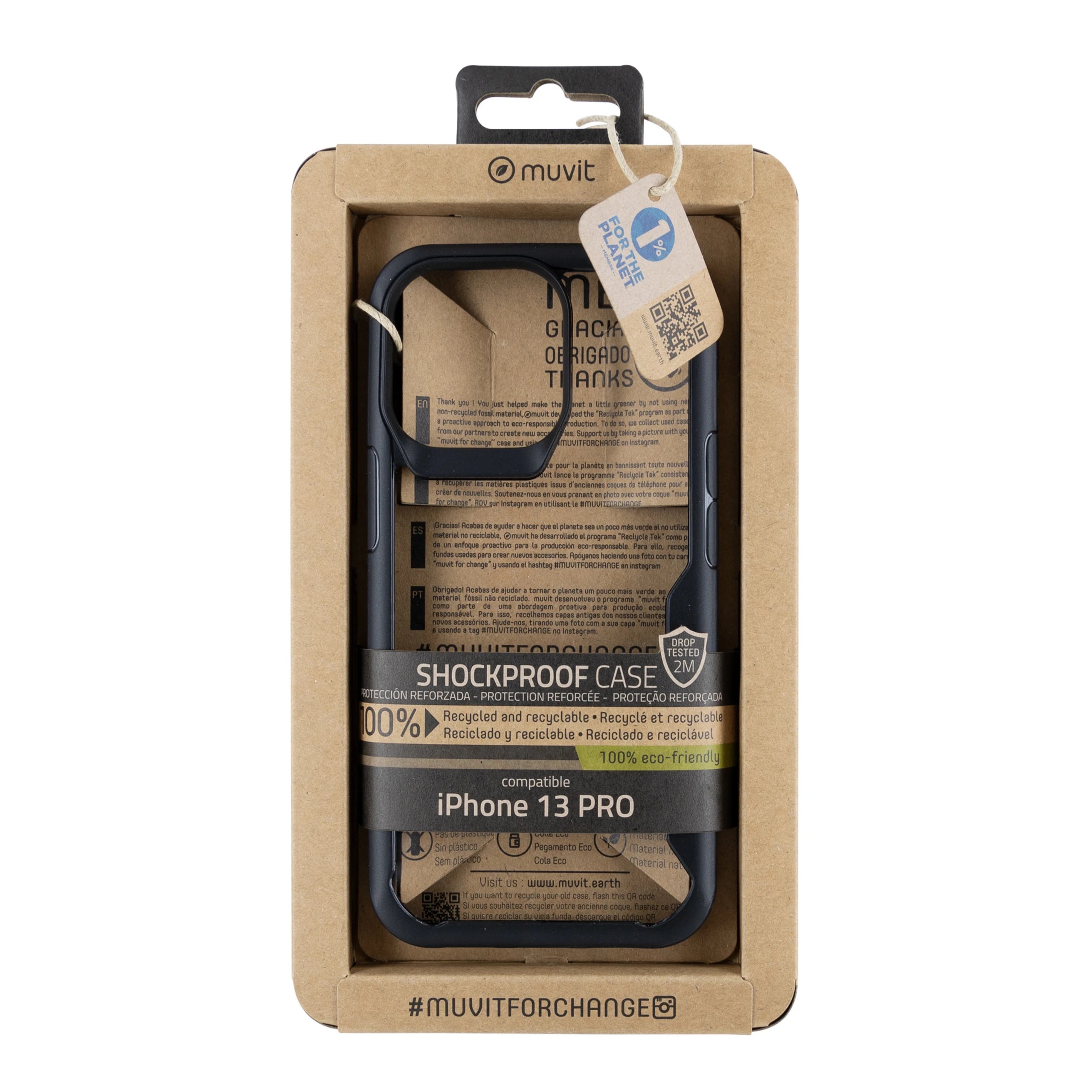Muvit - Funda para iPhone 13 Pro MCSPS0009 Shockproof 2 m, fabricada con materiales reciclados, transparente con detalles en negro y acceso completo a puertos y cámara
