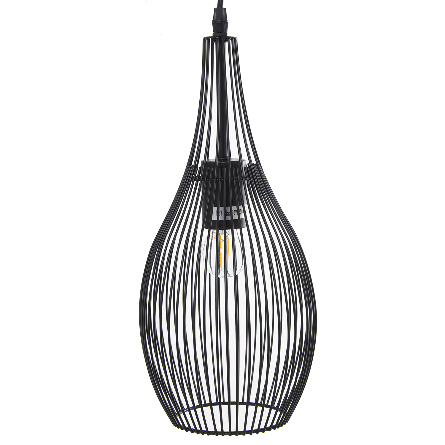 Lampara techo metal negra, 1xe27 max 60w no incluida 17x37cm, cable negro 70cm