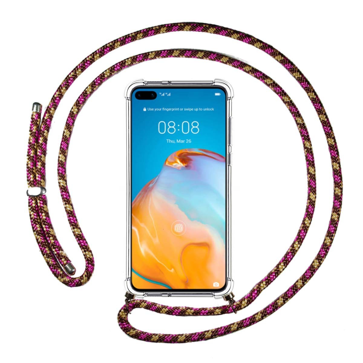 Tumundosmartphone Funda Colgante Transparente para Huawei P40 con Cordon Rosa / Dorado