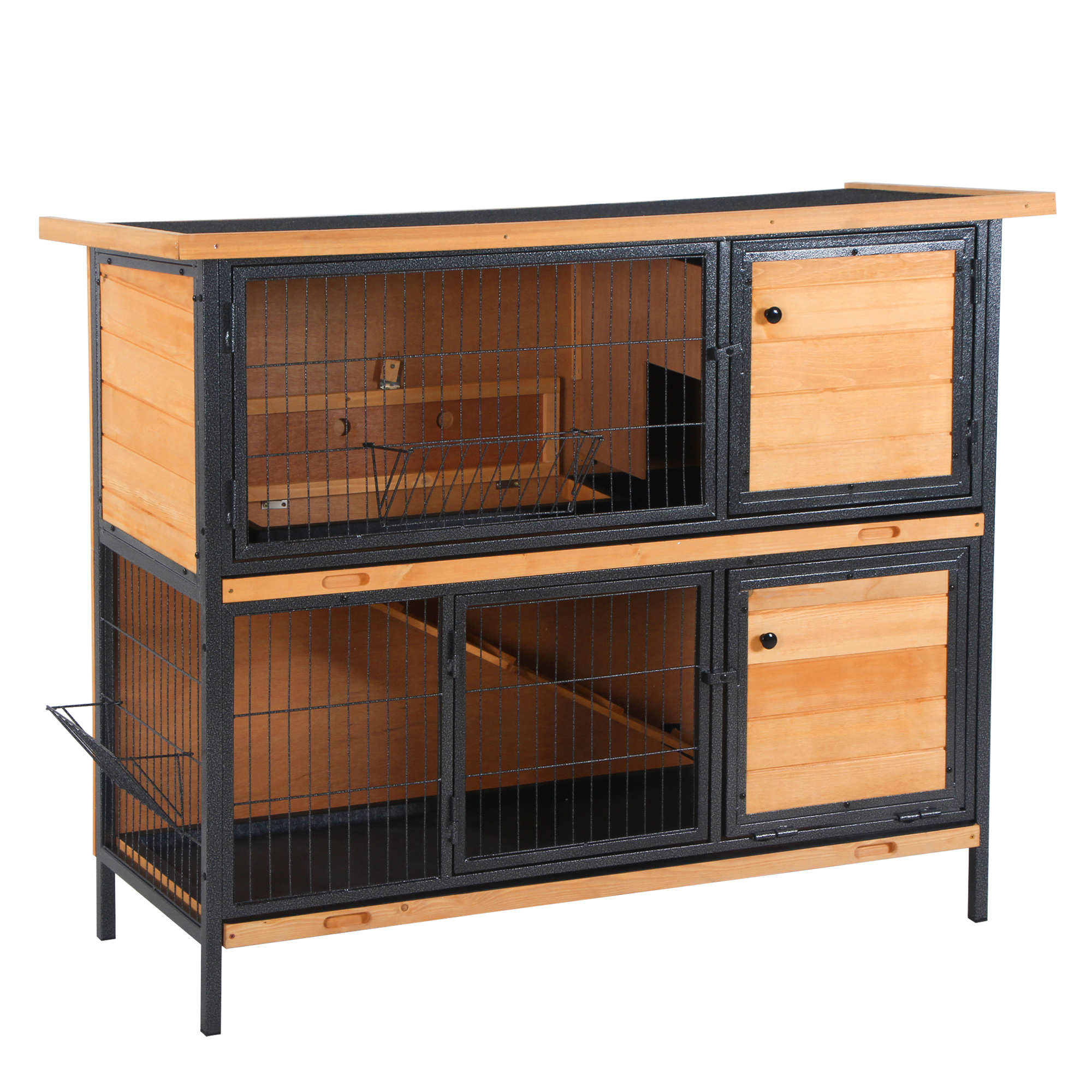 PawHut Conejera de Madera de 2 Niveles Jaula para Conejos con Techo Asfáltico Abatible Puertas con Pestillo Bandejas Extraíbles y Rampa Conejera para Exterior 122x50x101 cm Natural y Negro