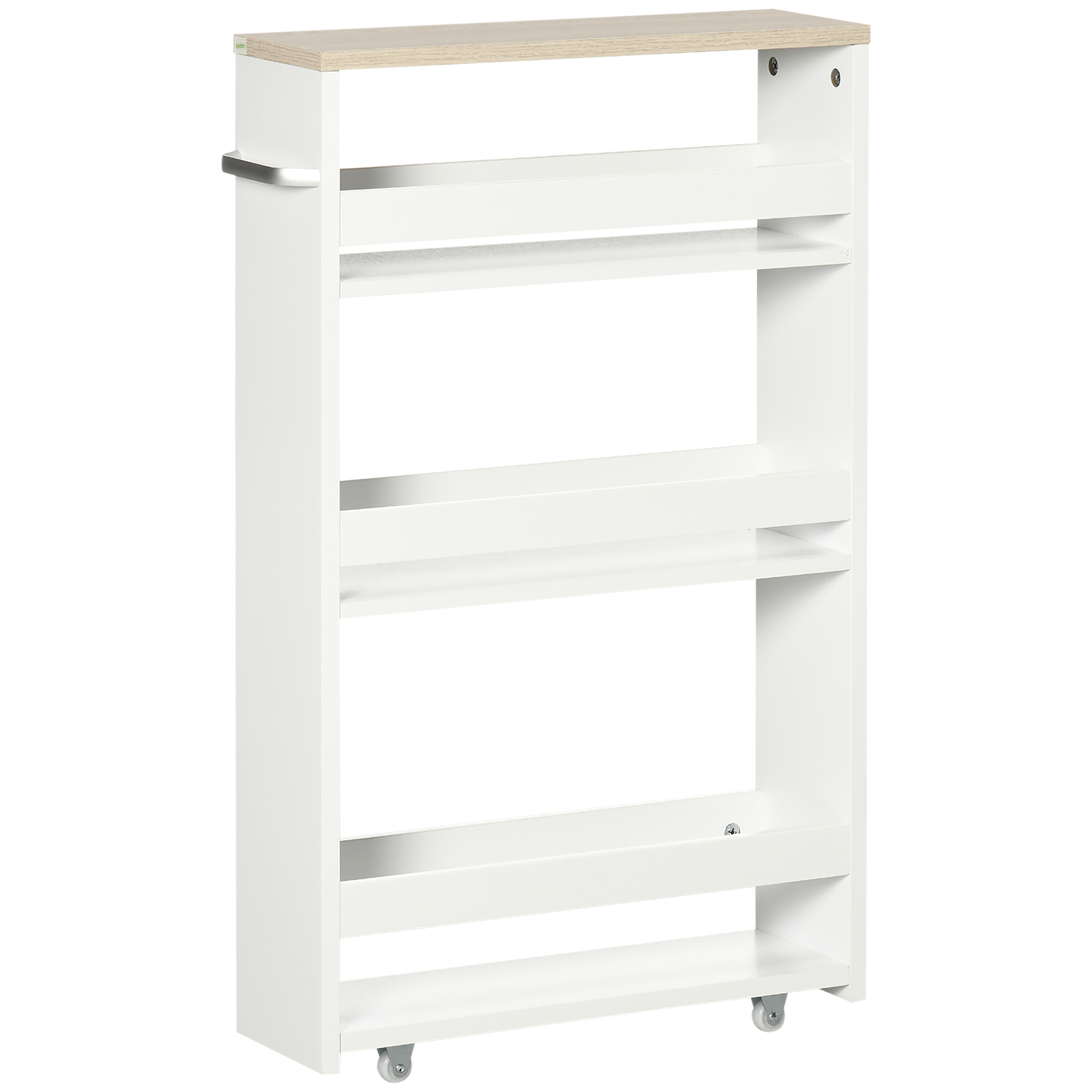 kleankin Carrito Auxiliar con Ruedas Delgado de 3 Niveles, Carrito de Cocina Estrecho con 3 Estantes, Tablero y Asa, para Comedor, Salón, Baño, 48x15x80 cm, Blanco