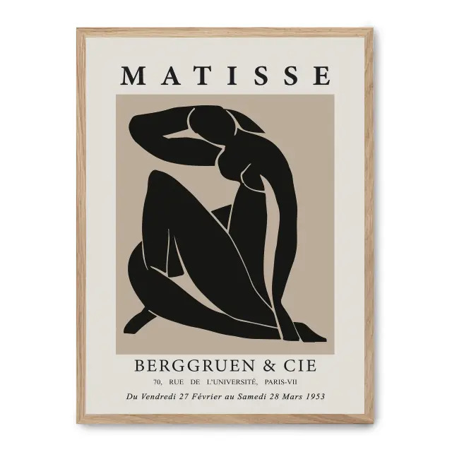 Cuadro black nude art 30x40cm, Póster impreso en papel de primera calidad de 180gr, montado sobre marco de madera MDF acabado roble., Arte - Pintores famosos - Matisse