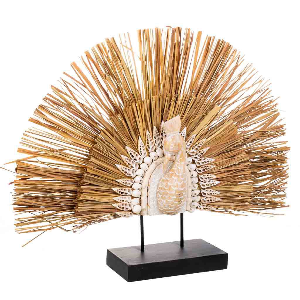 Figura Pavo Real Madera De Albazia, Algas Marinas, Hierro Negro Y Natural 53x64x12cm, El mejor complemento para tu hogar
