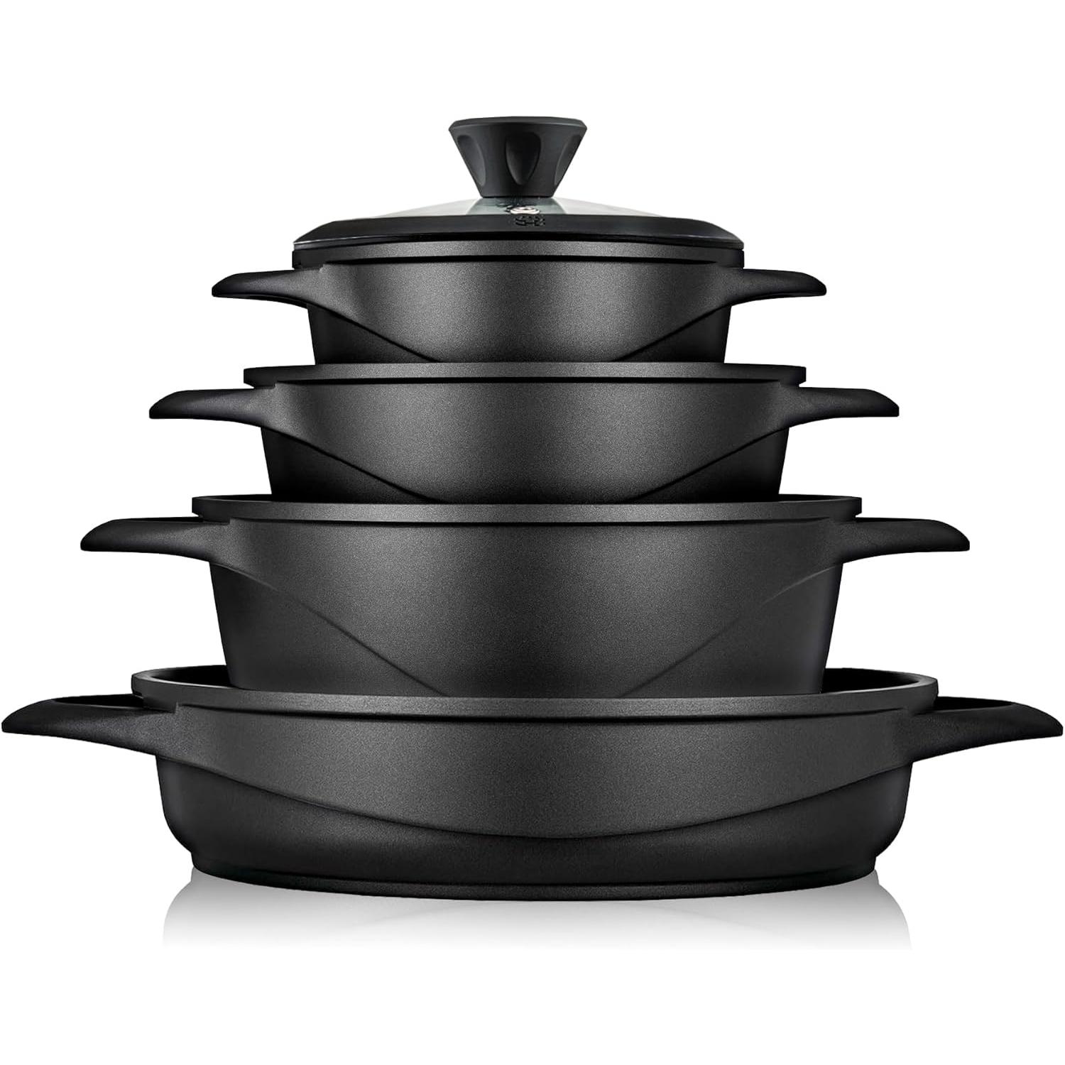 Briebe MGK-17S Batería de Cocina Inducción 8 Piezas Aluminio Fundido 4 Ollas con Tapa de Cristal Antiadherente, , Negro