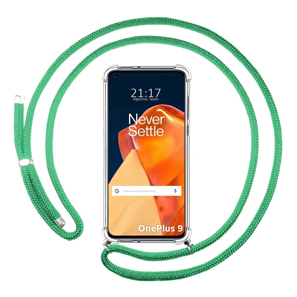 Tumundosmartphone Funda Colgante Transparente para OnePlus 9 5G con Cordon Verde Agua