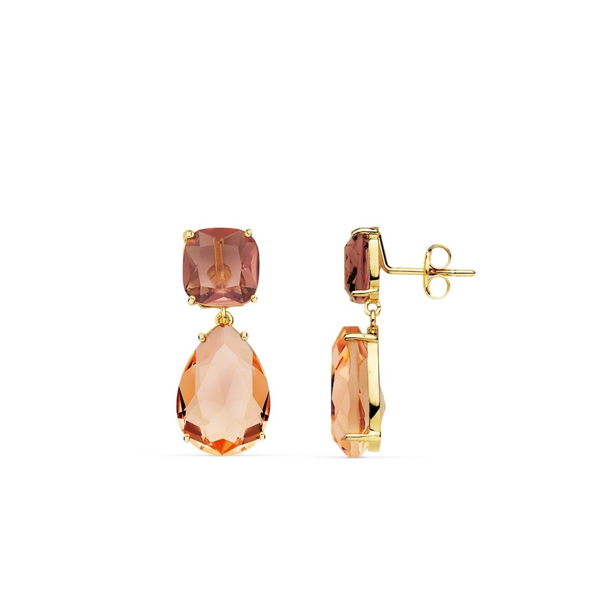 Pendientes oro 18k largos 24mm. color alejandrita kuncita cierre presión mujer