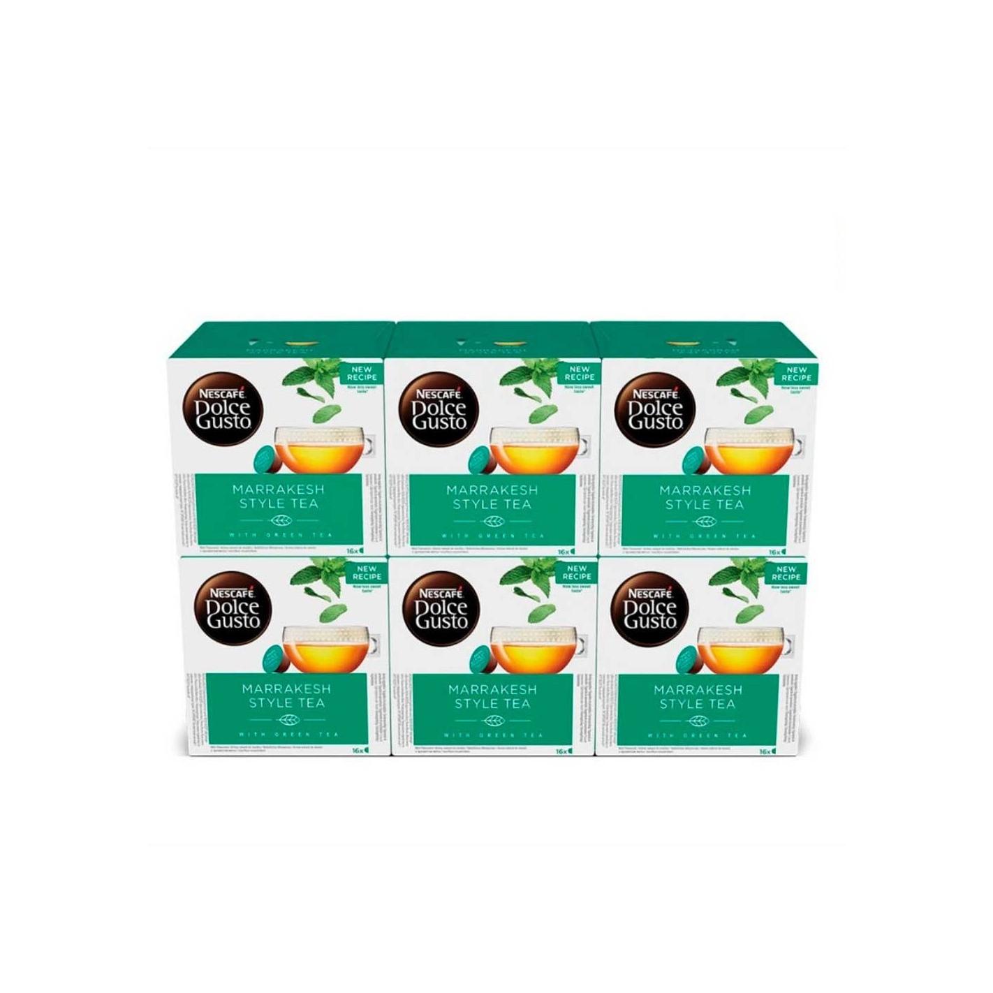 NESCAFÉ Dolce Gusto Té Marrakesh - Cápsulas de Café, 96 Cápsulas (6 x 16) - Té verde de menta - Originales para cafeteras Dolce Gusto ,con aroma de té verde y menta, inspirado en la cásica receta de Marruecos. ¡Descubre el Té Marrakesh!