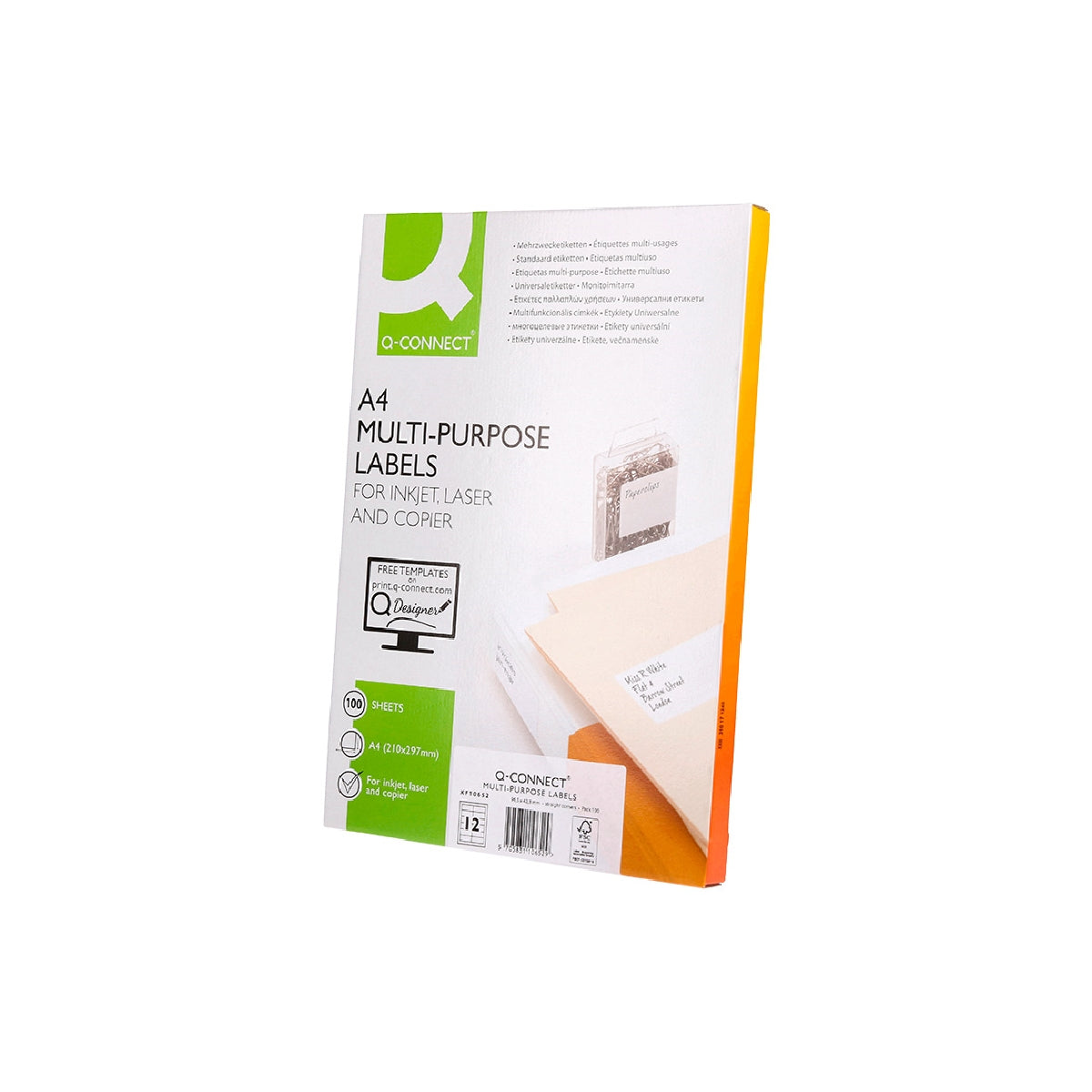 Q-CONNECT KF10652 - Caja 100 Hojas DIN A4 de 12 Etiquetas Adhesivas 96.5x42.3 mm Copia Laser InkJet Blancas