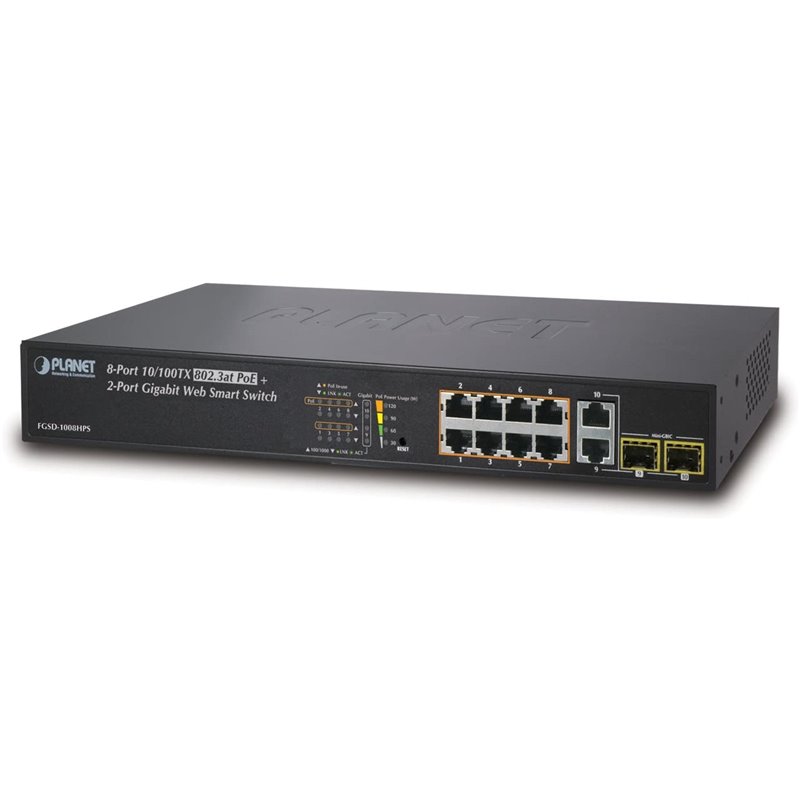 PLANET FGSD-1008HPS switch Fast Ethernet (10/100) Energía sobre Ethernet (PoE) 1U Negro