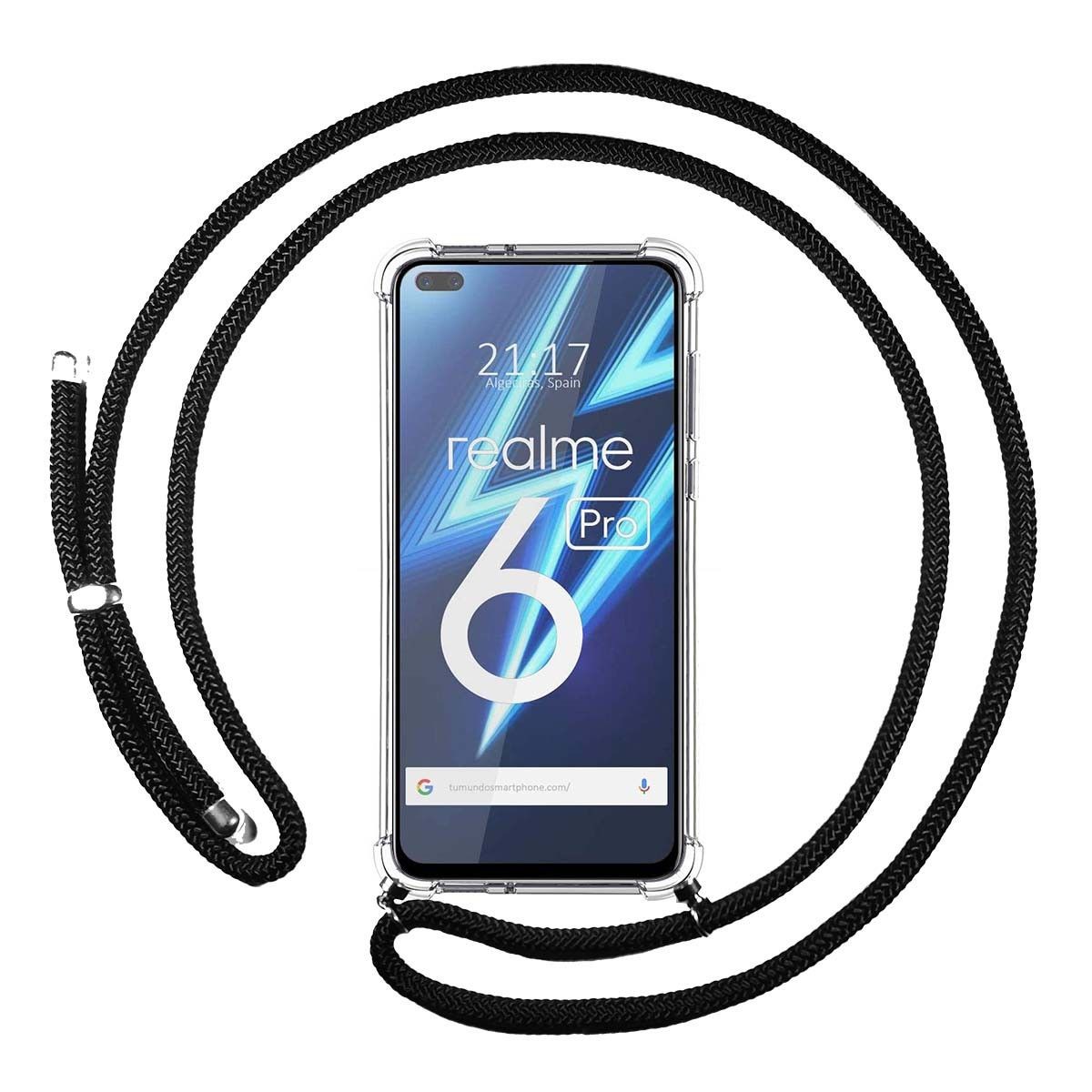 Tumundosmartphone Funda Colgante Transparente para Realme 6 Pro con Cordon Negro