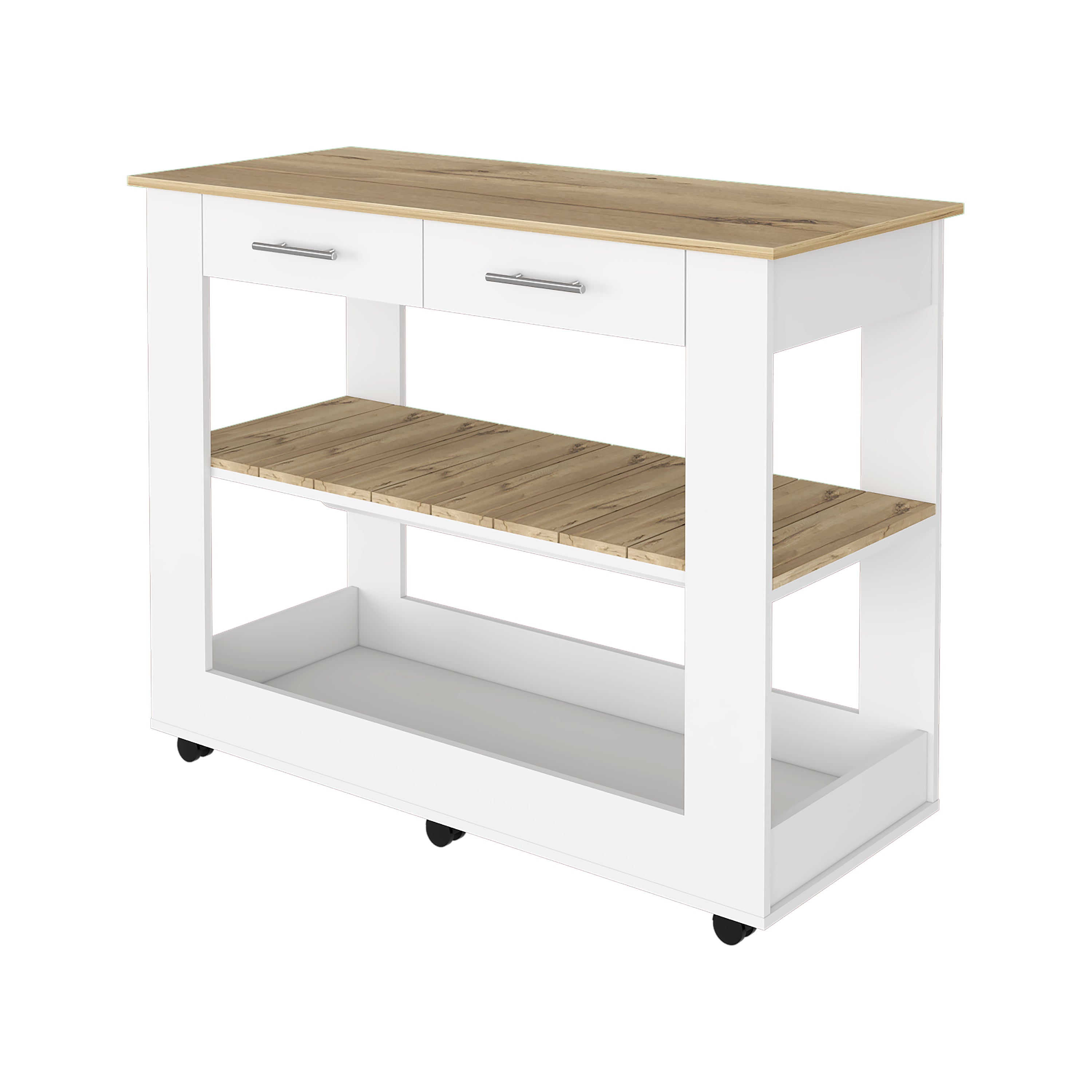 TUHOME Isla de cocina Brooklyn con seis ruedas, dos cajones y dos estantes abiertos Blanco / Roble claro