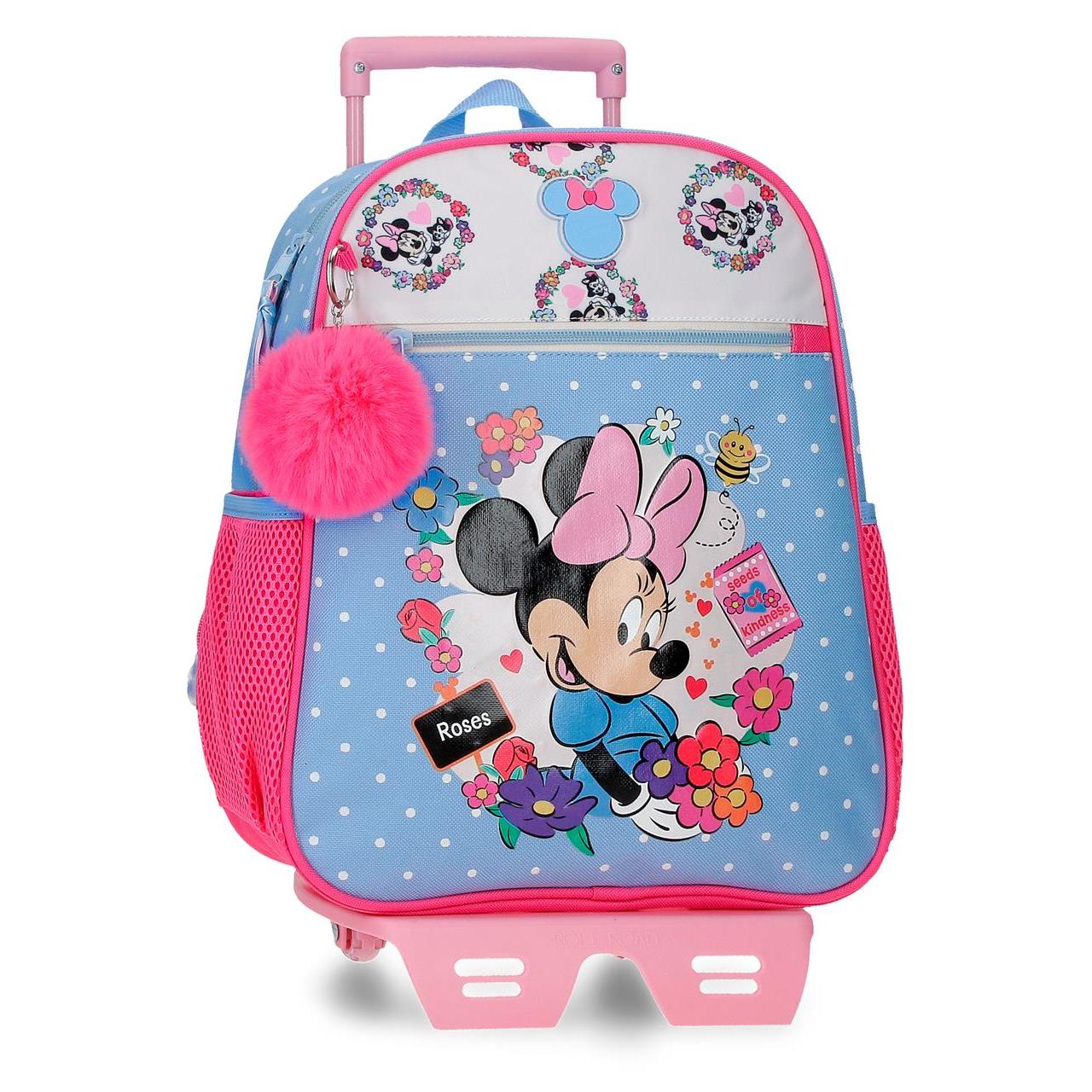 Mochila escolar con carro Minnie Flowers 27x33x11cm Azul Claro