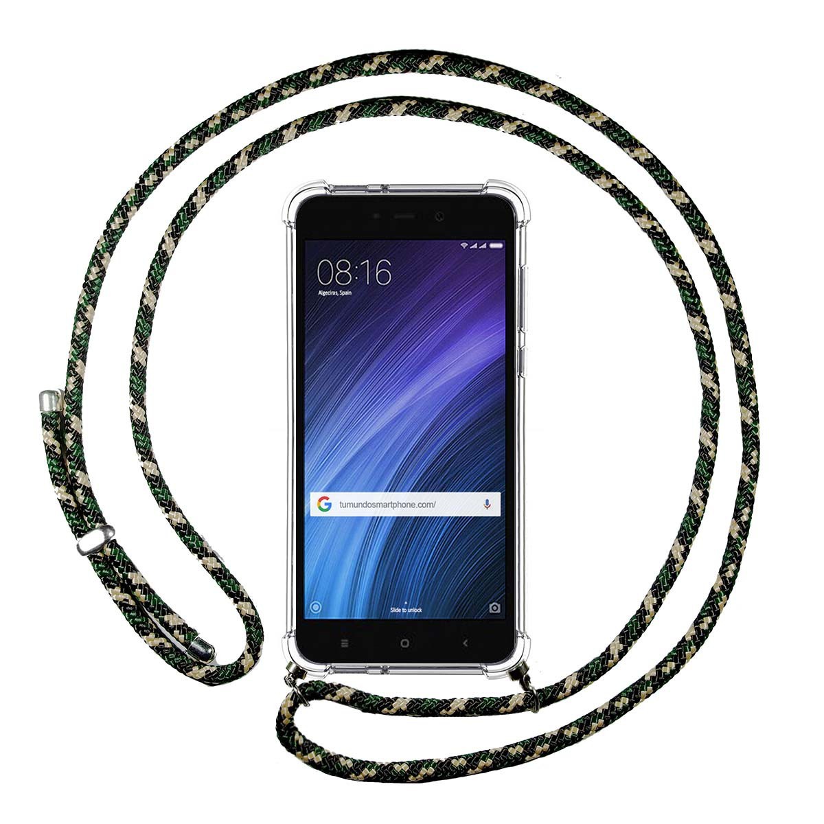 Tumundosmartphone Funda Colgante Transparente para Xiaomi Redmi 4 con Cordon Verde / Dorado