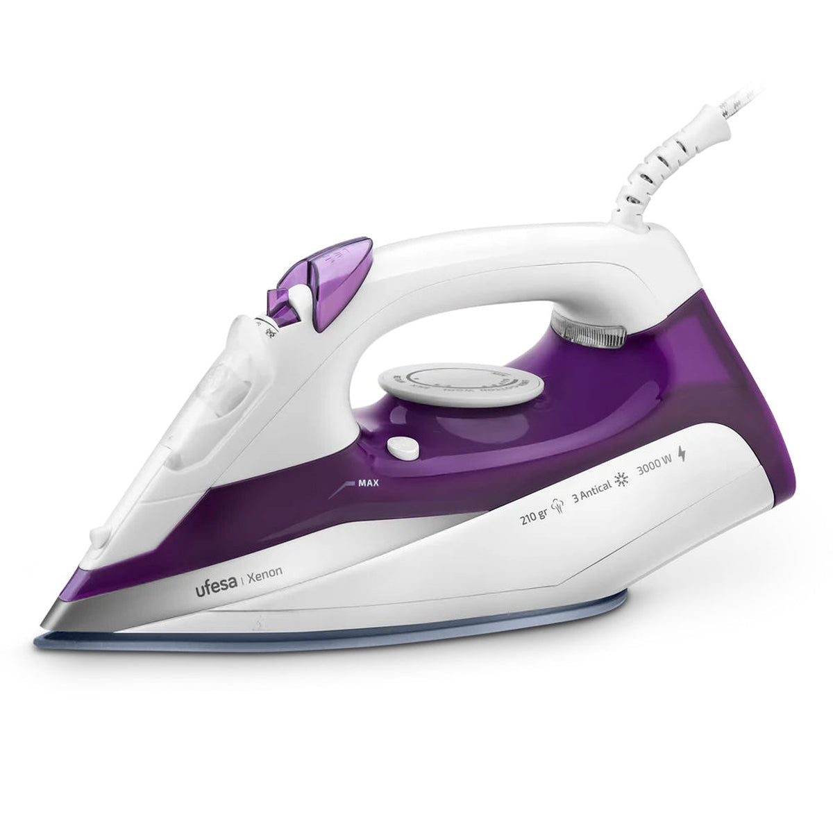 Ufesa - Plancha de vapor Xenon de 3000 W con golpe de vapor 210 g y regulación variable (30 g/min) para eliminar arrugas difíciles, sistema antical 3 en 1 y suela cerámica Techno Ceramic, uso horizontal o vertical