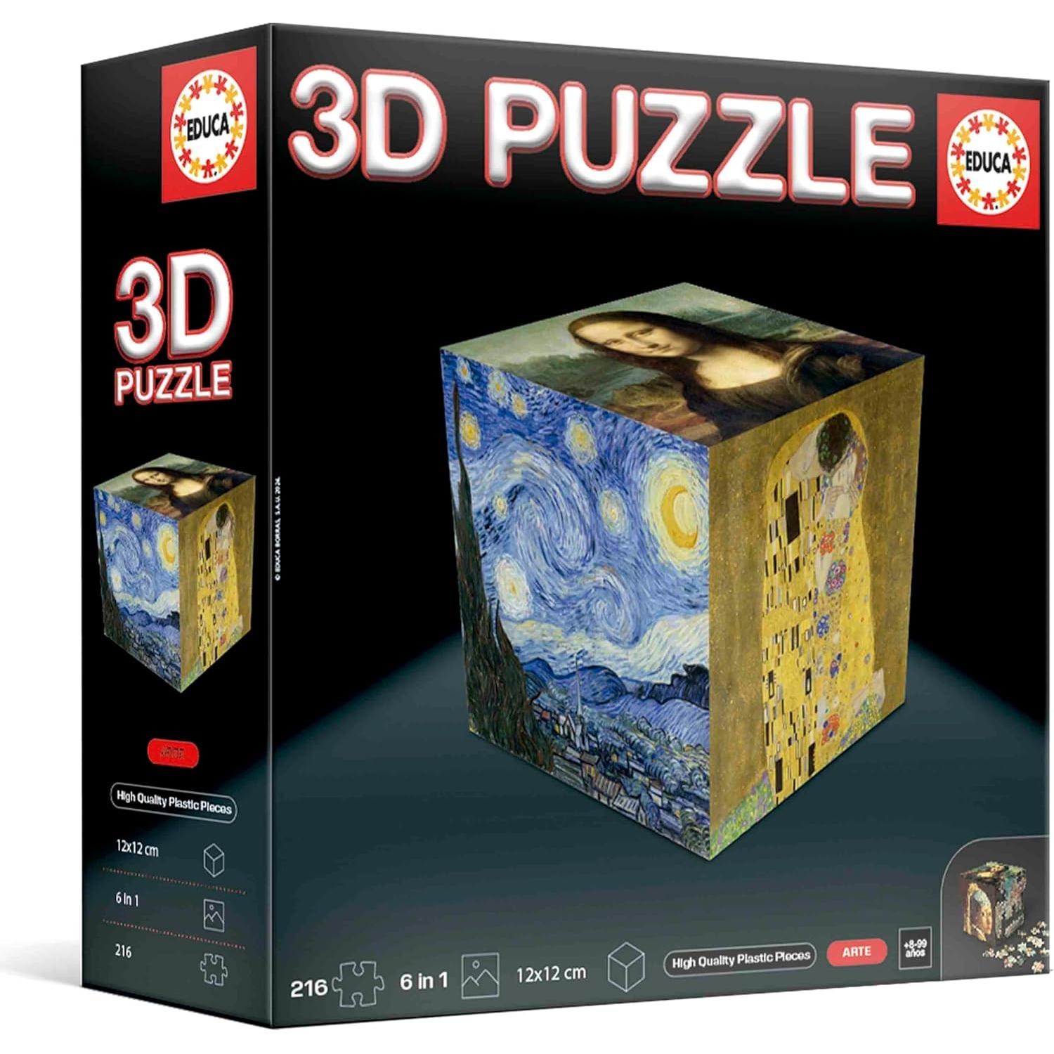 Educa - 3D Puzzle Arte. El Reto puzzlero en Forma de Cubo con 216 Piezas en Total. Estructura: Base montable Cubierta por 6 Puzzles de 36 Piezas Cada uno. A Partir de 6 años (20123)