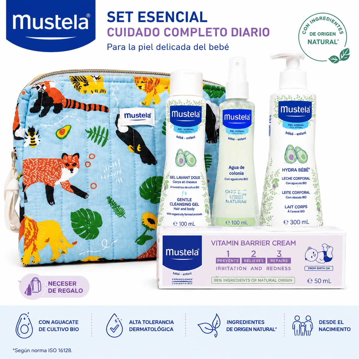 Mustela - Neceser Jungla con 4 productos básicos para bebé desde el nacimiento: crema bálsamo, gel baño suave, leche corporal hidratante y agua de colonia sin alcohol