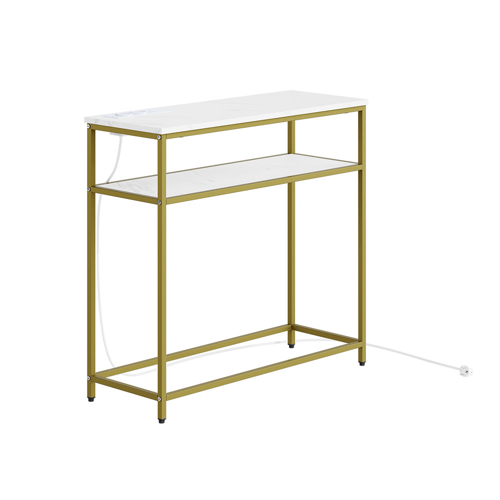 SoBuy Mesa de consola dorada con enchufes y USB, MDF blanco mármol, 80×30×75 cm
