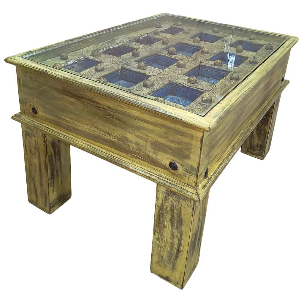 Wonderlust Deco - Mesa de centro de madera artesanal 77x56x45h cm Amarillo 77x56x45h cm