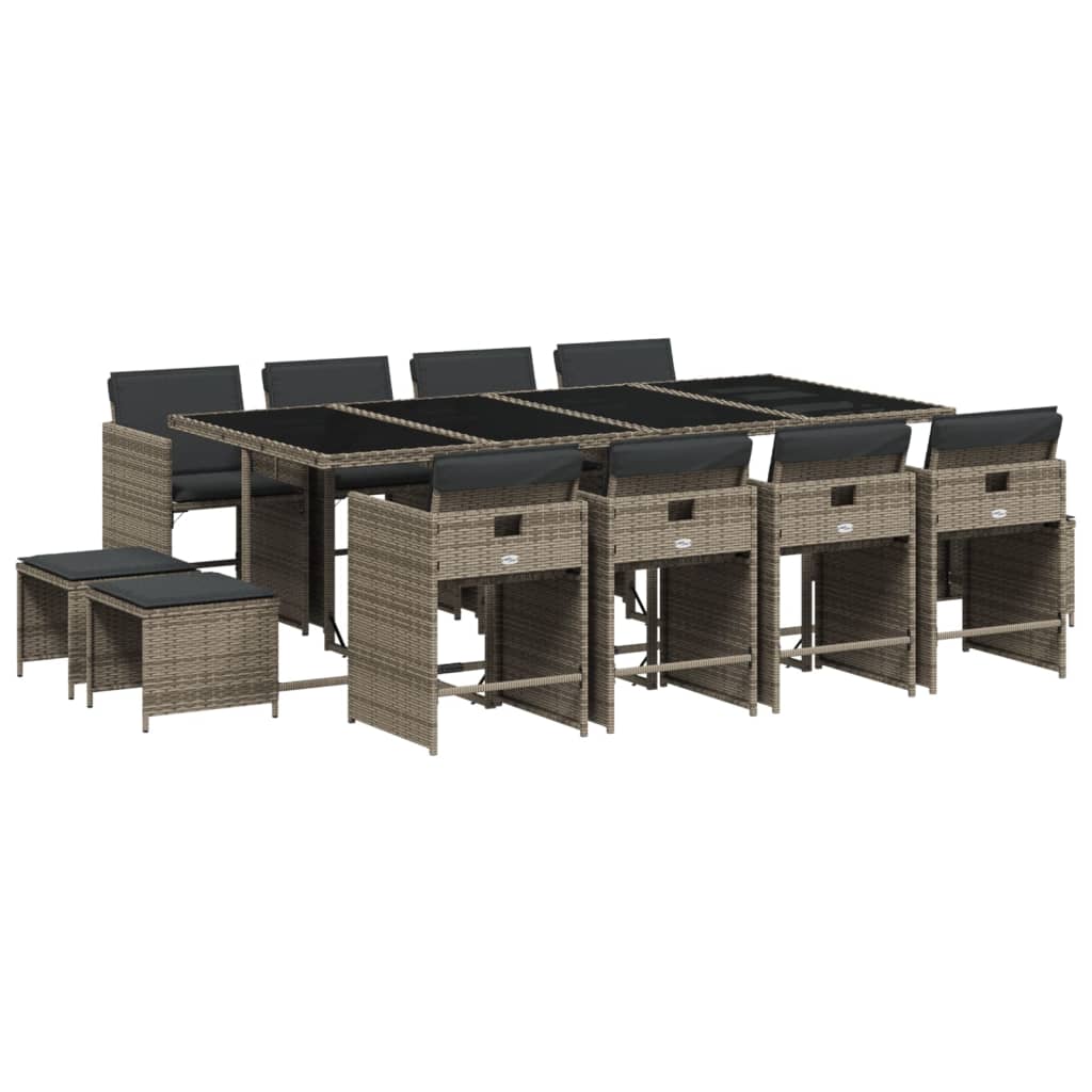 vidaXL Set comedor de jardín con cojines 13 pzas ratán sintético gris