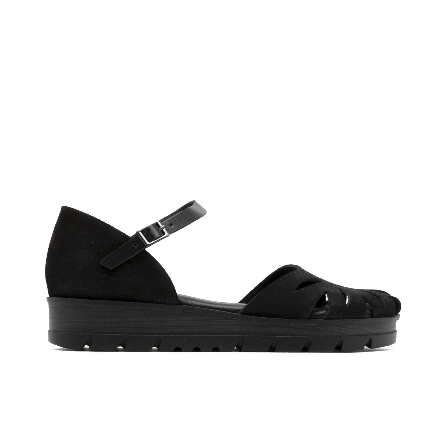 Sandalia Cuña Negra Bianca de Serraje Troquelado y Talón Cerrado, Plataforma Dentada 2cm, Cuña 3cm, Hebilla Ajustable, Plantilla Acolchada de Piel para Confort Óptimo, Suela Antideslizante para Máxima