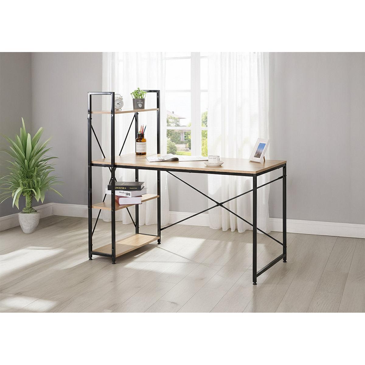 Escritorio Industrial con Estanteria Nancy 120cm, Roble y Negro