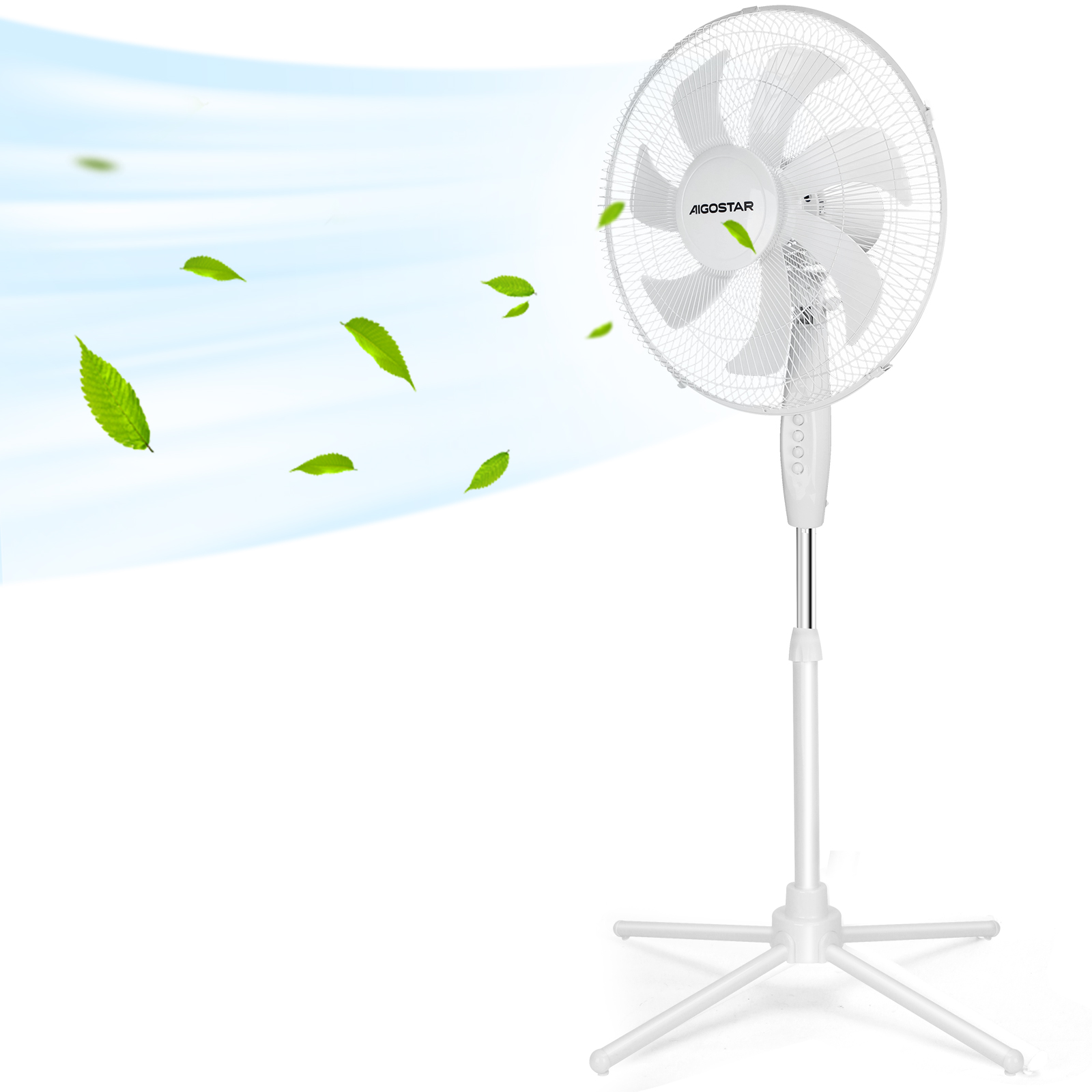 AIGOSTAR Ventilador de Pie Silencioso, 3 Velocidades, 7 Aspas, Oscilante 70°, 55W, Altura Ajustable 108-130cm. Colores: blanco y negro.