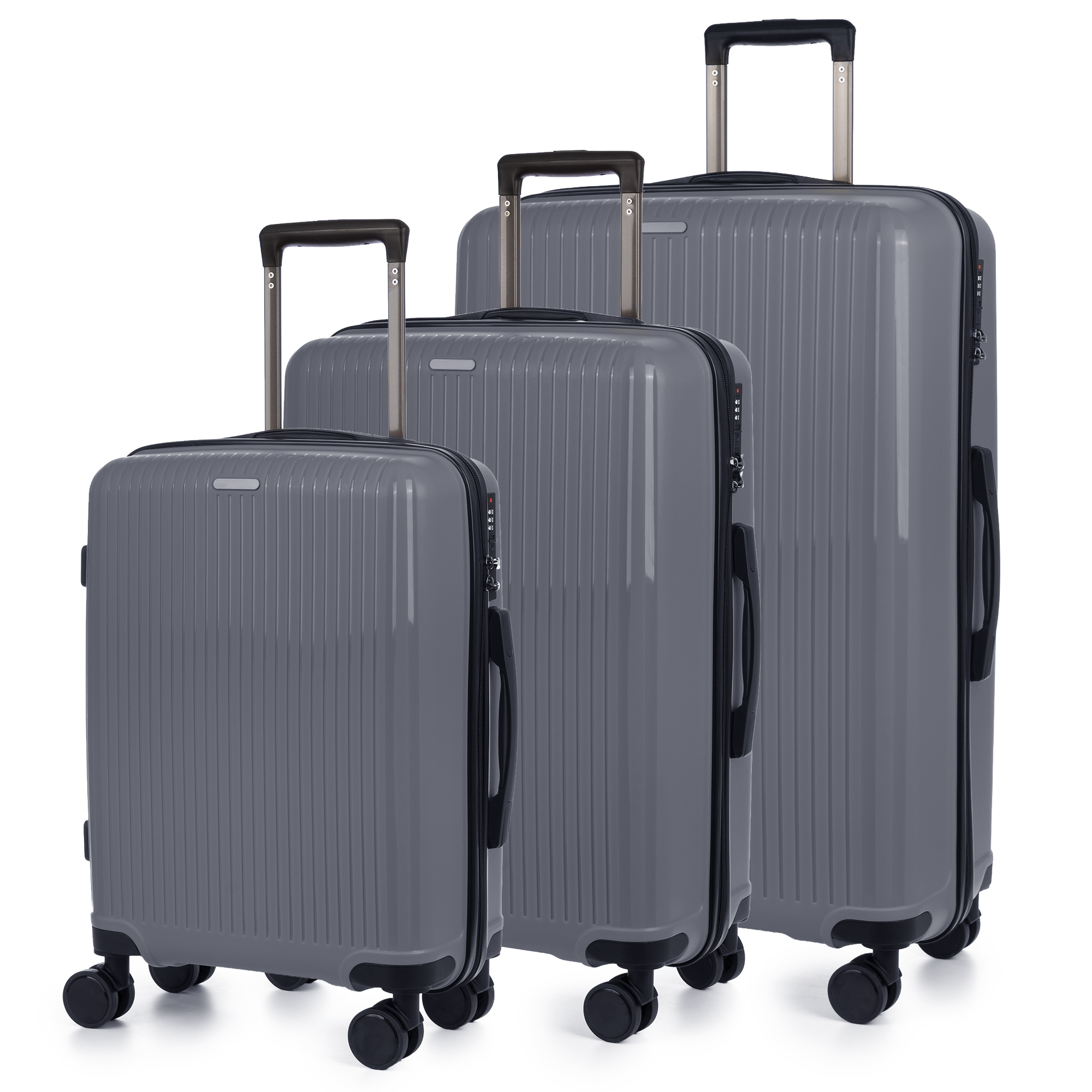 Juego de 3 maletas Trolley, en material ligero PP resistente a la rotura. Cerradura TSA numérica, 4 ruedas dobles giratorias 360°.