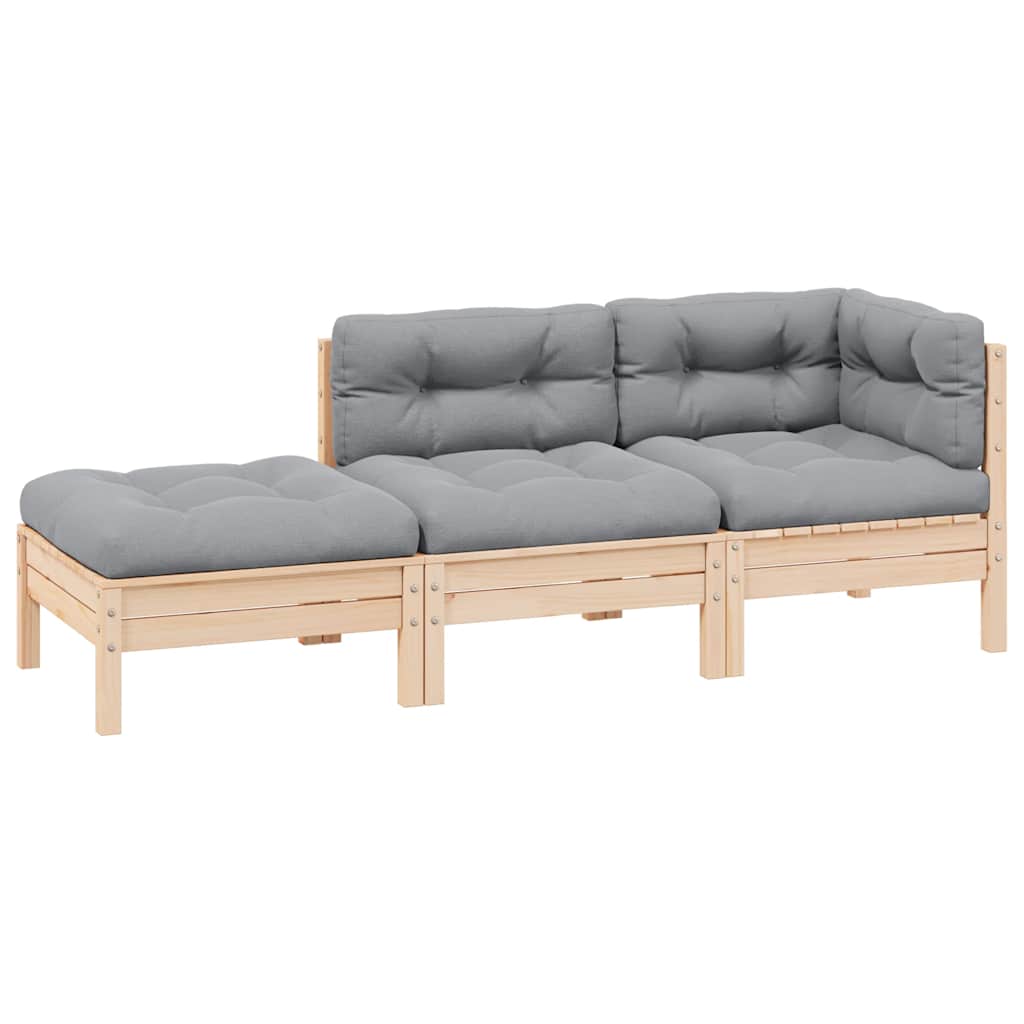 vidaXL Juego muebles jardín 3 pzas cojines grises madera pino maciza