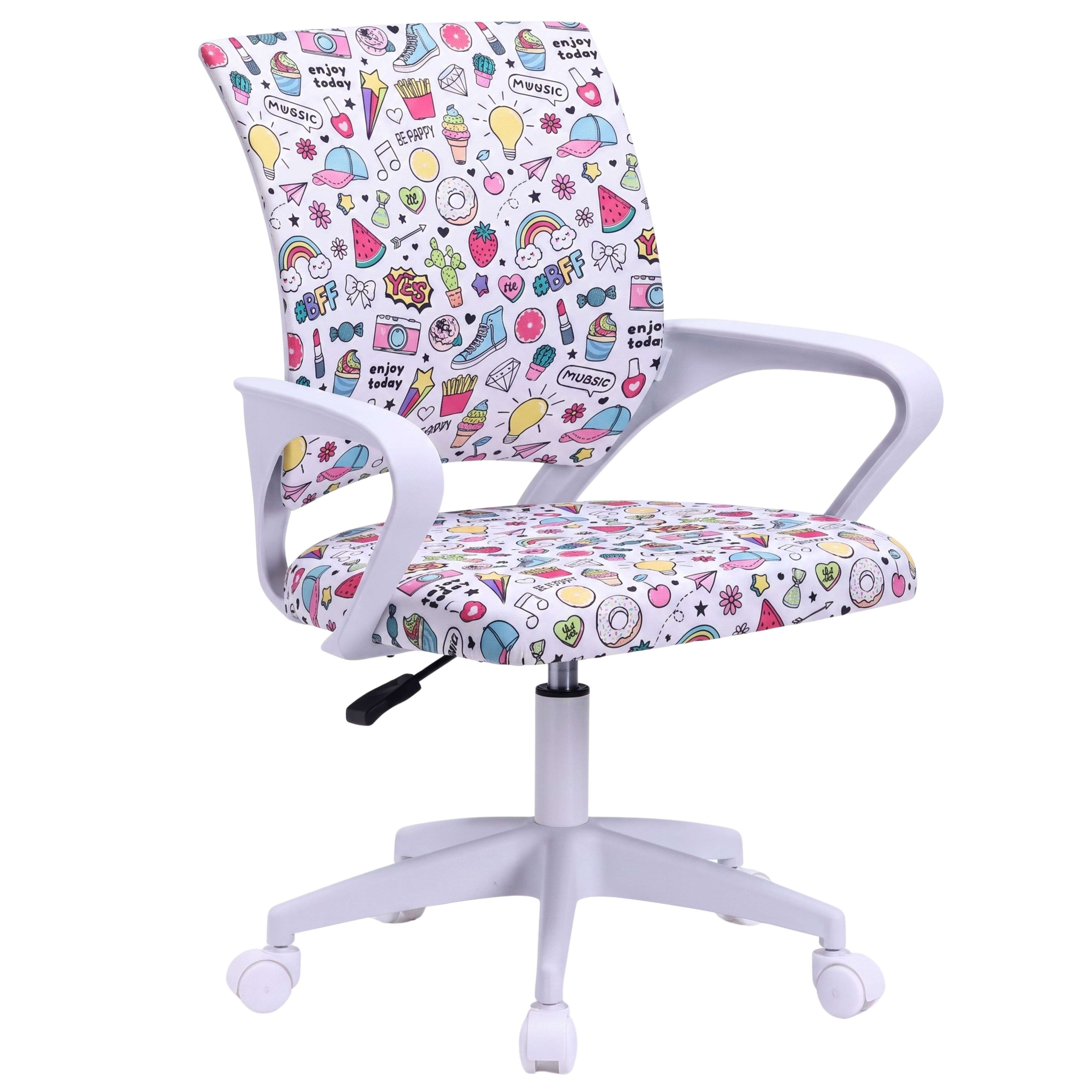 Miroytengo Silla de Escritorio Juvenil Vita Emojis, Altura Regulable, Tela Estampado, Reposabrazos Blanco