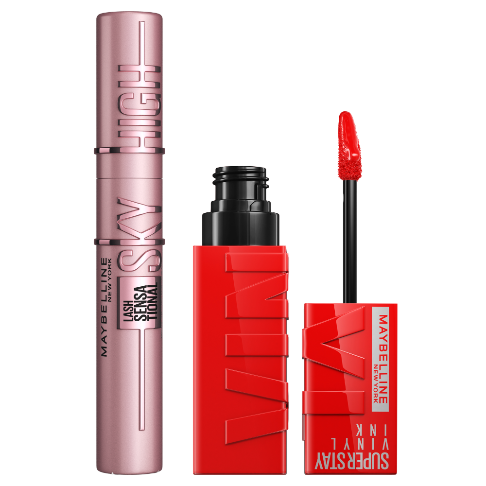 Maybelline New York | Kit rutina de maquillaje con la máscara de pestañas Sky High Tono Negro y el pintalabios Superstay Vinyl Ink efecto vinilo fijo, en Tono 35 Cheeky
