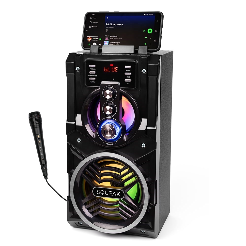 Beatboxer Bluetooth 5.1 speaker - Portable stereo speaker with integrated battery, LED display, 20W power, and karaoke function, supports MP3, with wireless and wired connectivity options.