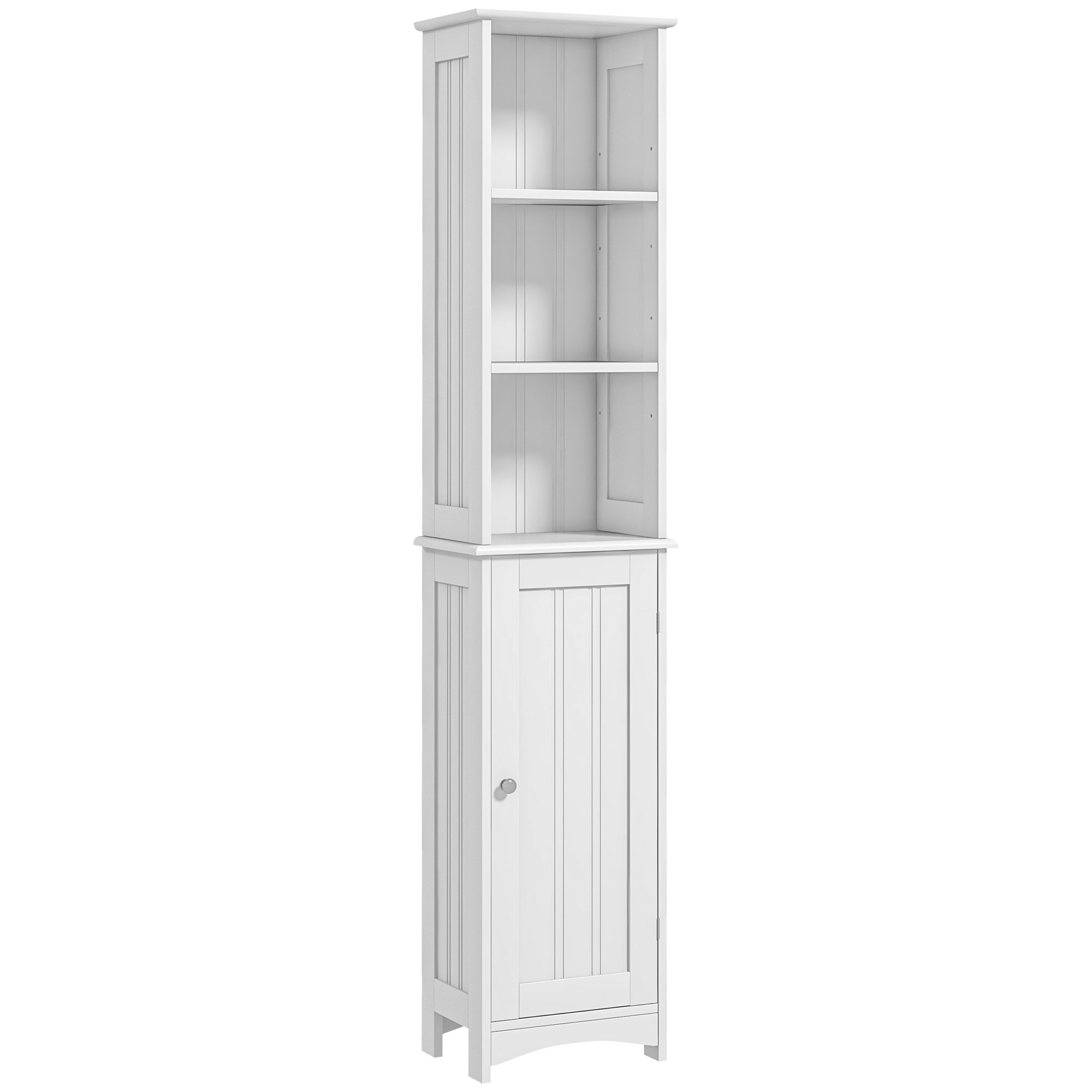 kleankin Armario Alto de Baño Columna Auxiliar de Baño con 3 Compartimientos de Almacenaje Puerta y Estantes Ajustables para Ducha Aseo Dormitorio 34x23x165 cm Blanco