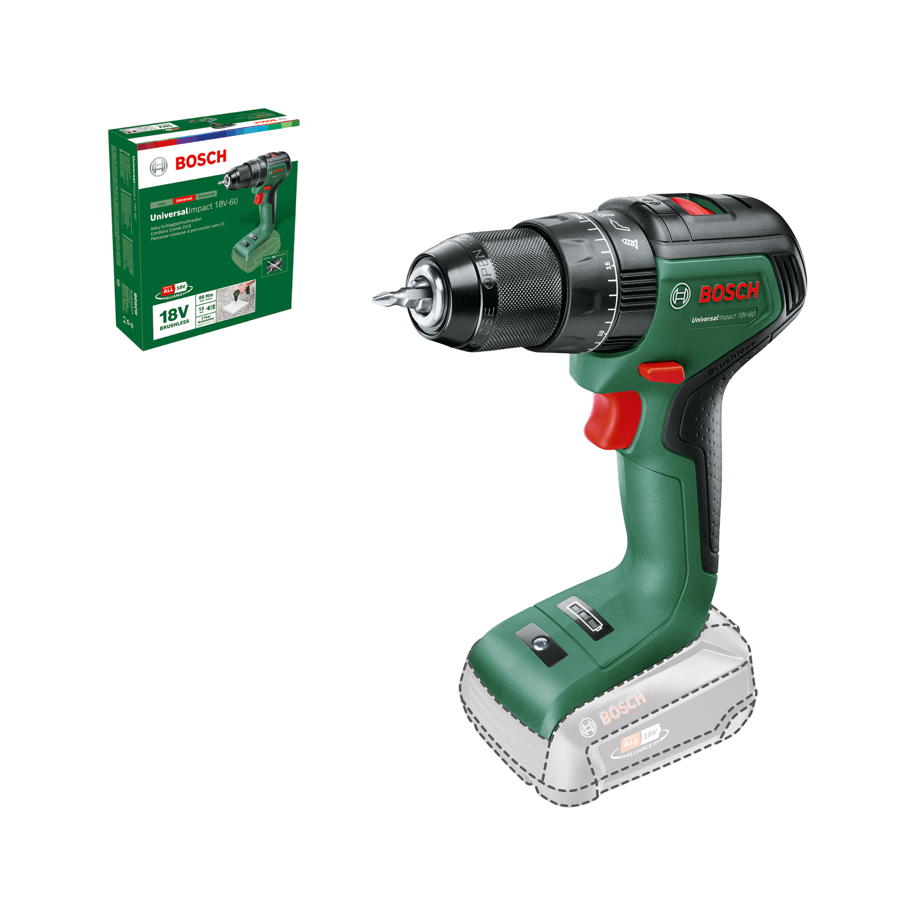 Bosch - Taladro Percutor a Batería - UniversalImpact 18V-60 - 18V Brushless, 60Nm, Portabrocas Metálico, sin Batería ni cargador | 20 € DE REEMBOLSO