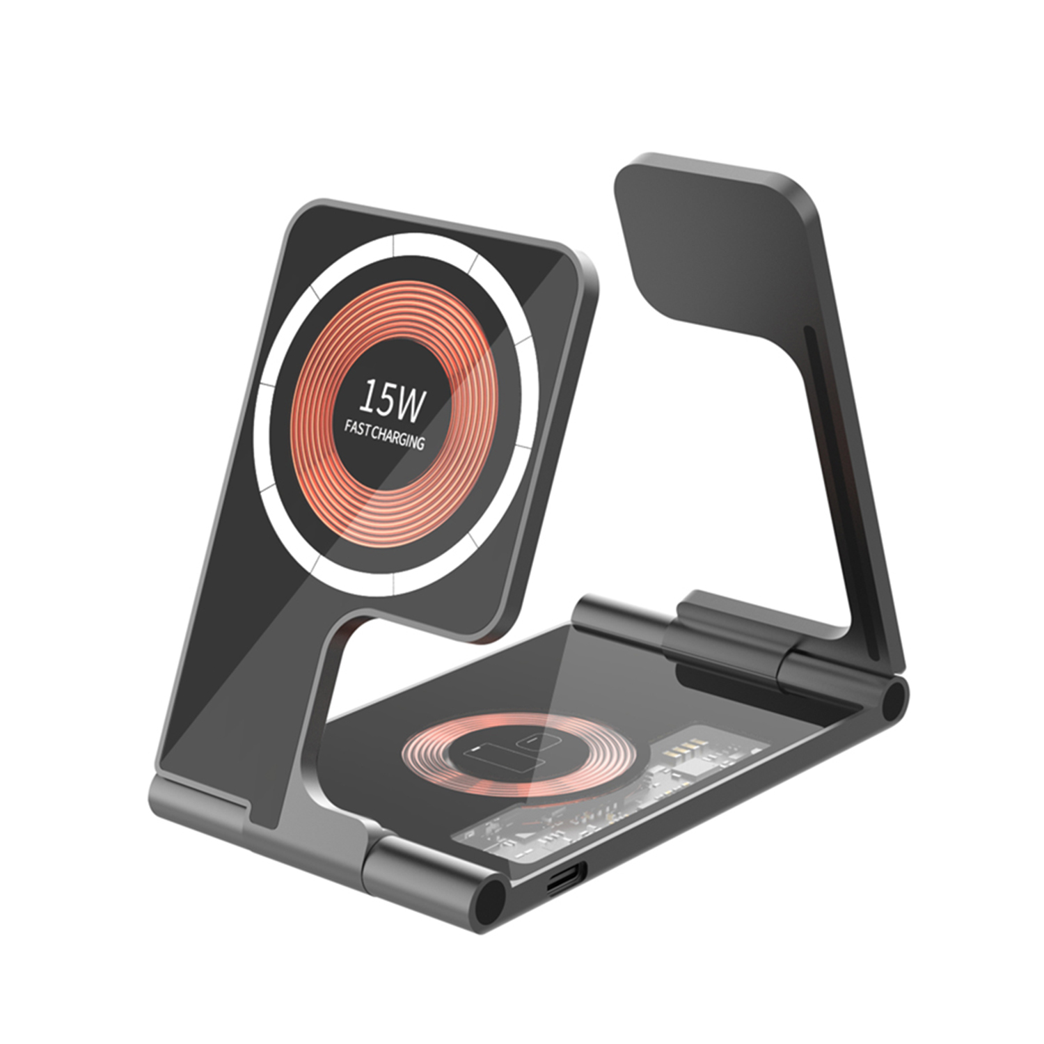 DAM. Base de carga plegable 5 en 1. Base Magsafe 15W , cargador de Apple Watch y base Qi. Función stand doble. 10,9x6,4x1cm