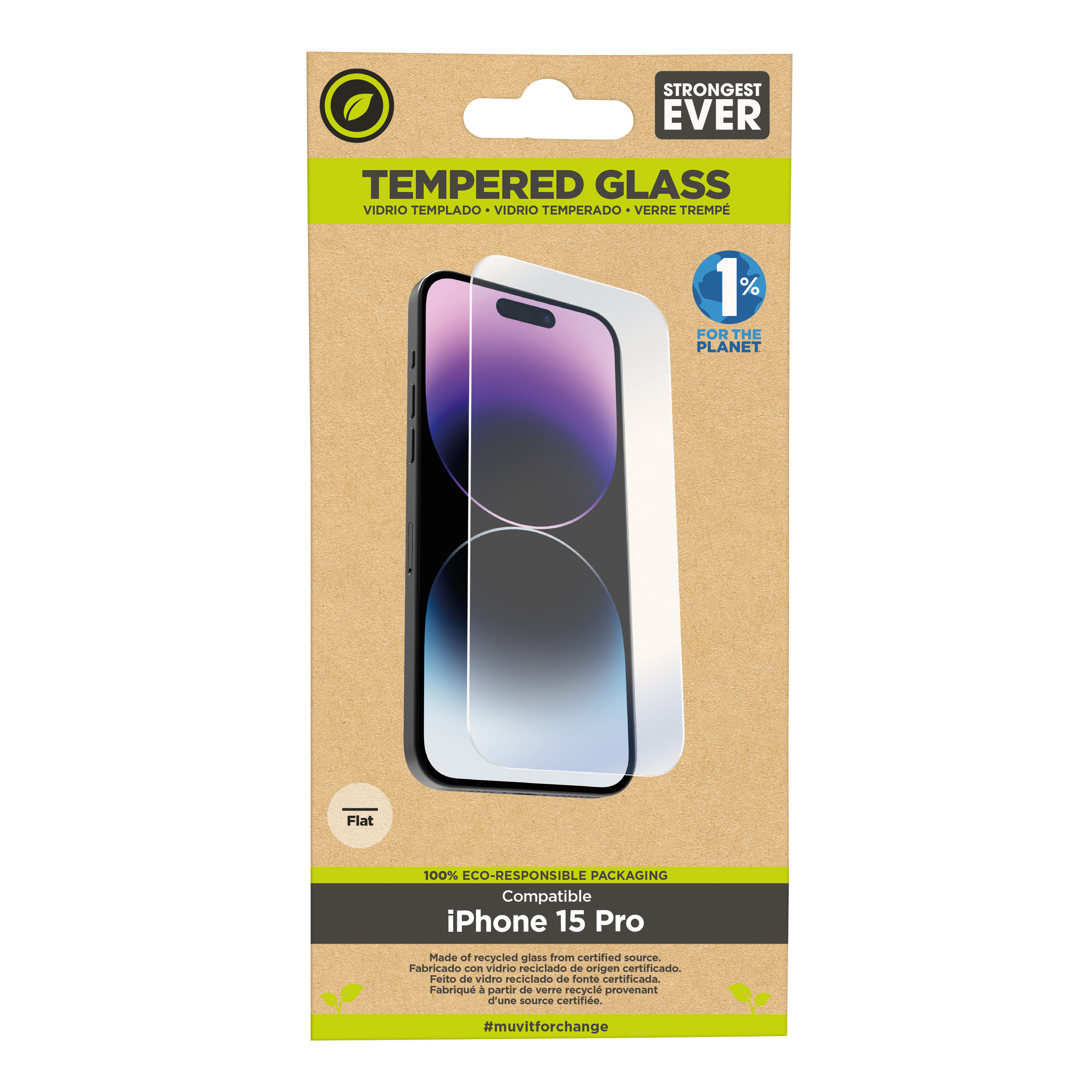 muvit for change protector pantalla recycletek compatible con Apple iPhone 15 Pro vidrio templado plano