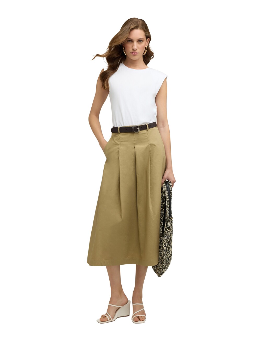 Motivi - Vestido midi con cinturón y falda de popelín