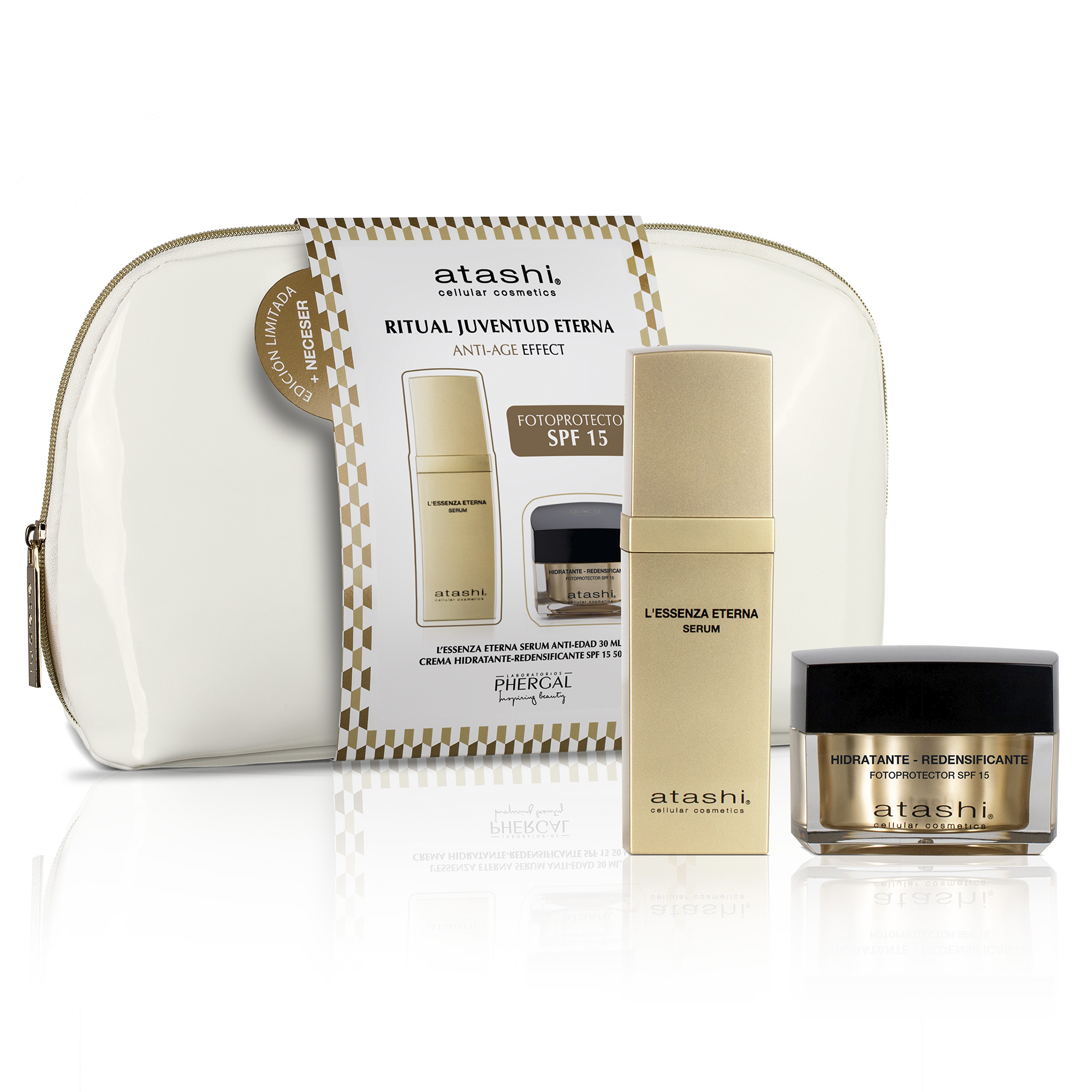 Atashi Cofre Ritual Juventud Eterna | Sérum Antiedad L'Essenza Eterna, 30 ml + Crema Hidratante Redensificante SPF15, 50 ml + Neceser de Charol Blanco | Rejuvenece y Protege tu Piel